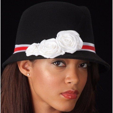 FW1129 Women's White & Red Velvet Trim Dress with Delicate Satin Flower Details - Perfect for Weddings, Parties & Special Occasions