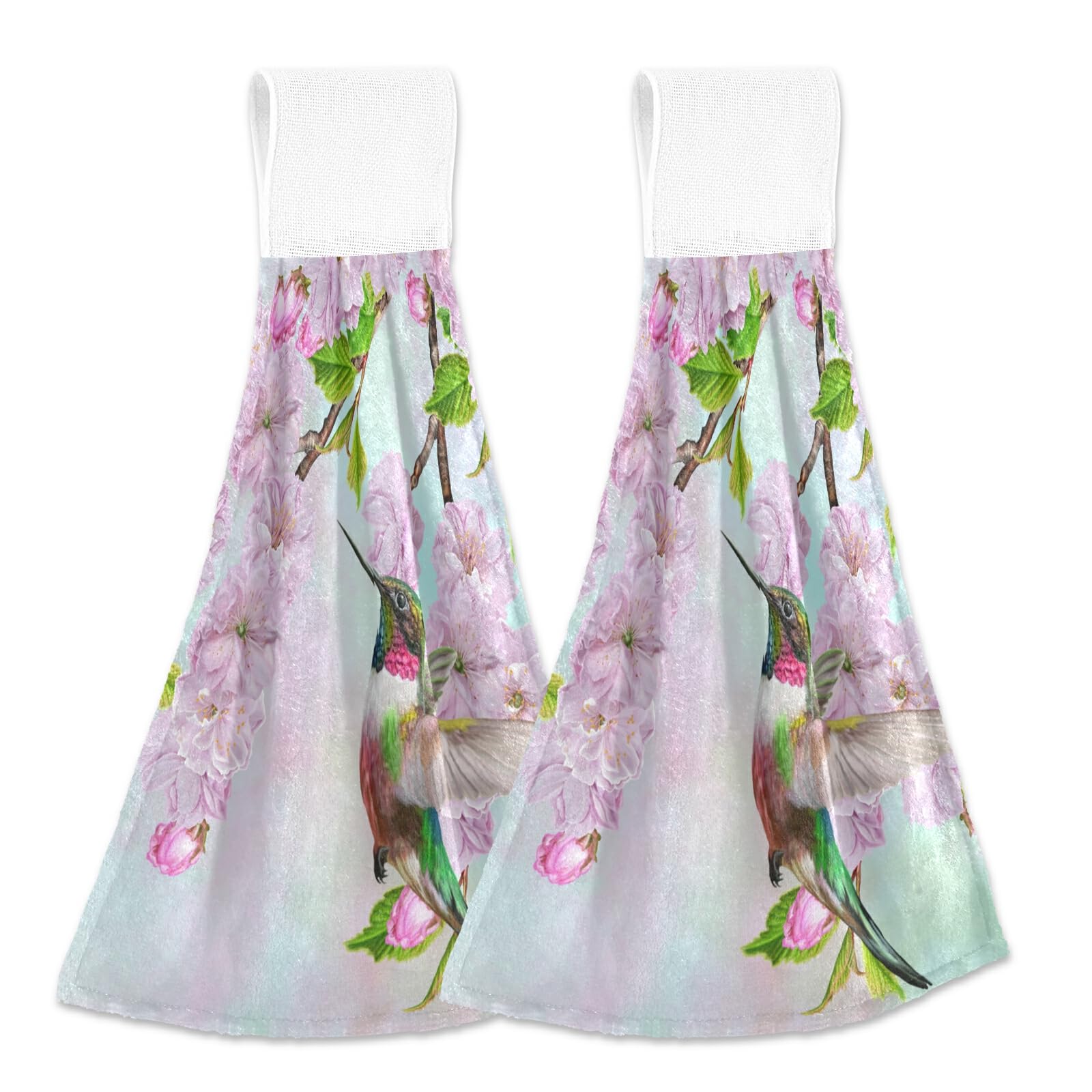 2 Pack Floral Hummingbird Hanging Kitchen Towels - Soft Microfiber Coral Velvet Absorbent Hand Towels with Loop for Bathroom, Oven & Kitchen Decor | Summer Home Essentials