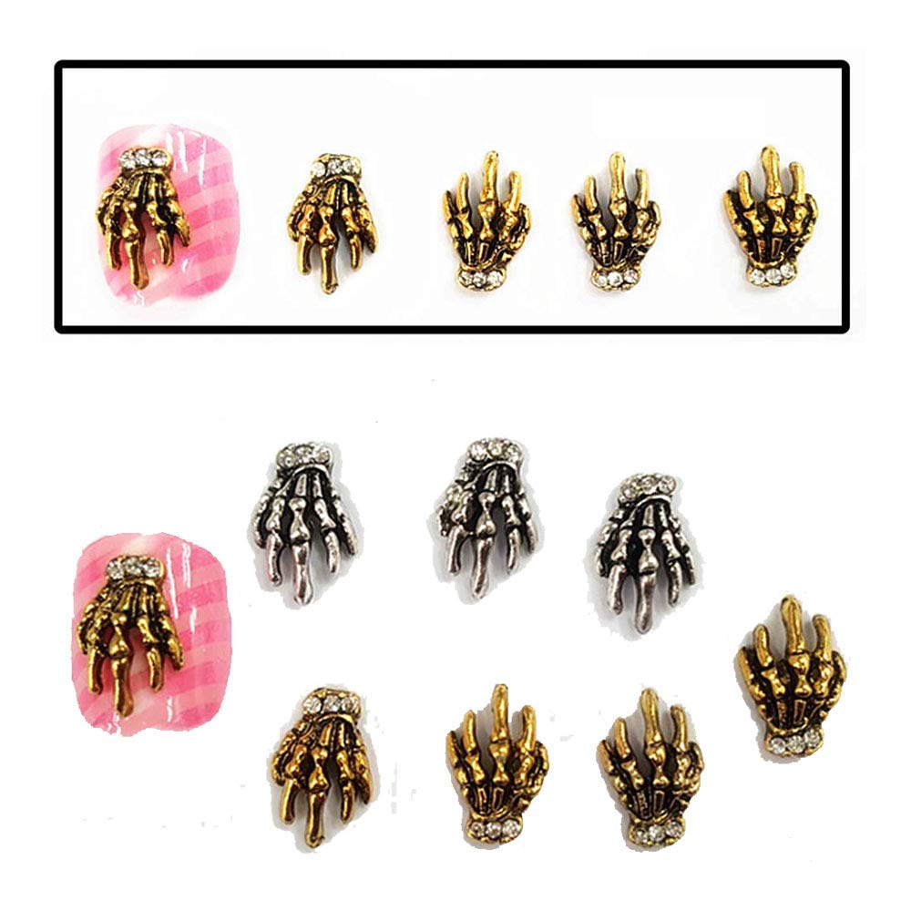Lookathot 10PCS 3D Skull Hand Diamond Drill Pearls Nail Art Decals - Metallic Stud Rhinestones Alloy Manicure DIY Decoration Tools for Halloween, Parties & Gothic Nail Designs (Gold, 10pcs/Set)