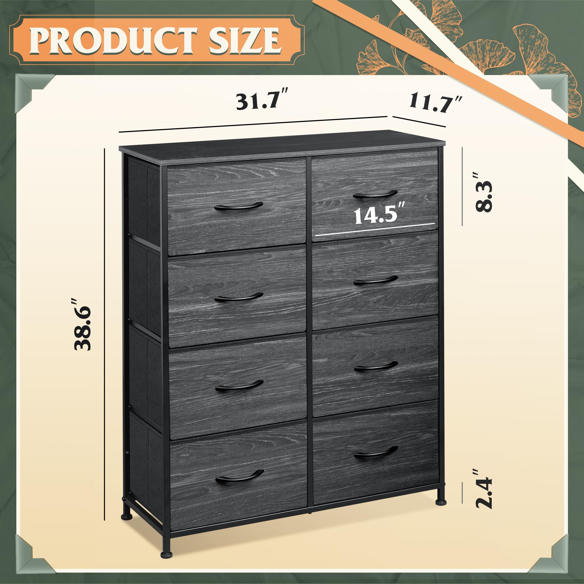 WLIVE 8-Drawer Tall Fabric Dresser for Bedroom Storage - Double Dresser Chest with Bins for Closet, Living Room & Hallway - Charcoal Black Wood Grain Print - Perfect for Organizing Clothes, Toys & Home Essentials