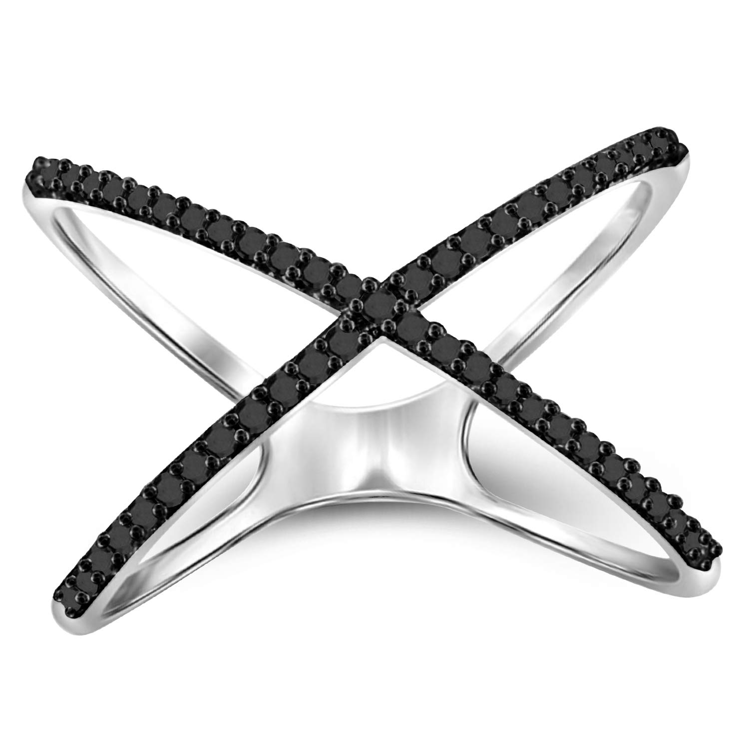 Sterling Silver Criss Cross Ring with 1/7 Carat Black Diamond – .925 Hypoallergenic X Ring for Women | Elegant Stackable Jewelry for Date Night, Wedding & Everyday Wear