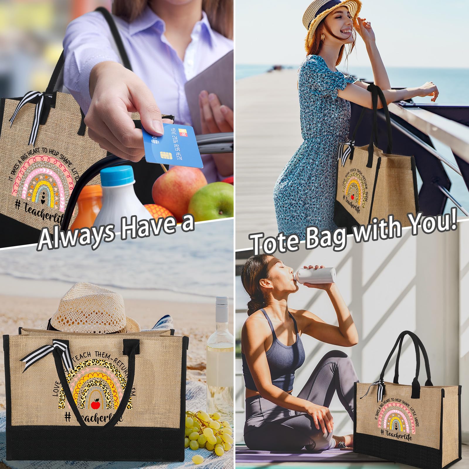 2 Pack Rainbow Jute Canvas Tote Bags - Teacher Appreciation Gift, Thank You Present for Women, Birthday & Graduation Gift - Eco-Friendly Shopping Bag for School, Work & Daily Use