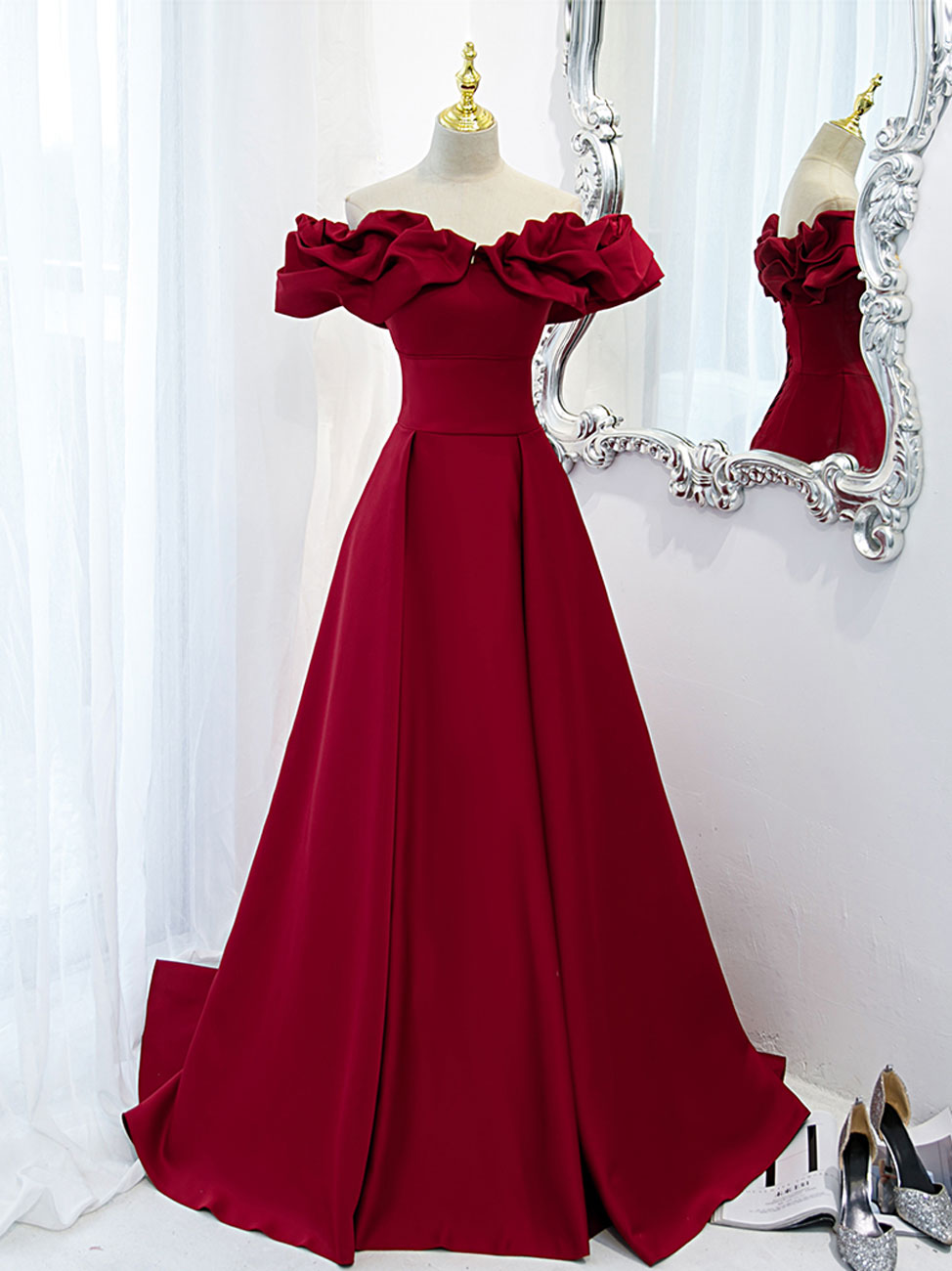 Elegant Burgundy Off Shoulder Satin Long Prom Dress for Women - Formal Evening Gown for Homecoming, Wedding, and Special Occasions