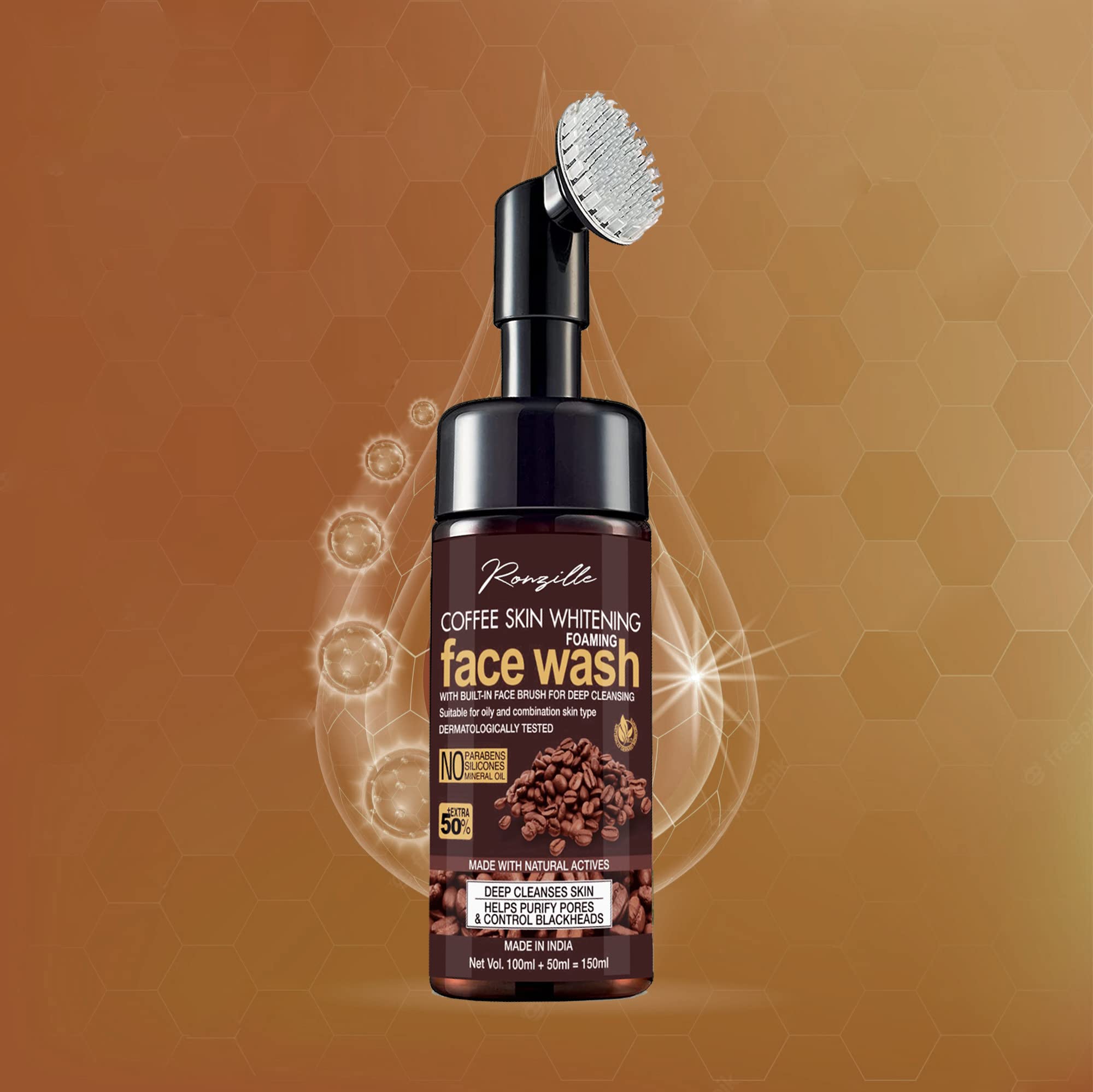 Ronzille Apple Cider Vinegar Foaming Face Wash with Built-In Brush - Deep Cleansing & Brightening Facial Cleanser (150ml) for Acne-Prone & Oily Skin - Coffee Extract for Skin Whitening - Perfect for Morning & Night Skincare Routine
