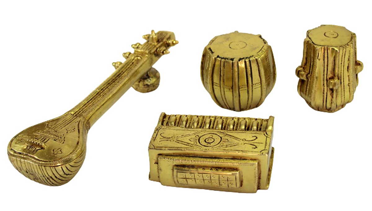 eSplanade Brass Miniature Musical Instrument Set - Veena, Sitar, Tabla & Harmonium | Indian Home Decor Showpiece | Perfect for Living Room, Office Desk & Gift Giving