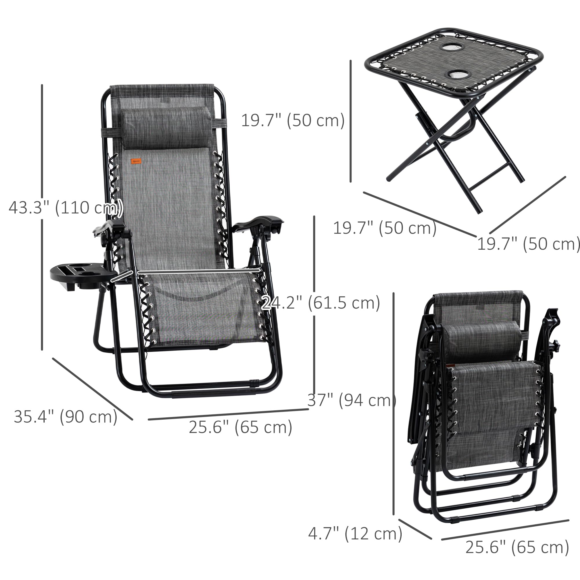 Outsunny Zero Gravity Chair Set with Side Table - Folding Reclining Lounge Chair with Cup Holders & Pillows - Adjustable Patio Chair for Pool, Backyard, Lawn, Beach - Perfect for Relaxing, Sunbathing & Outdoor Lounging (Gray)