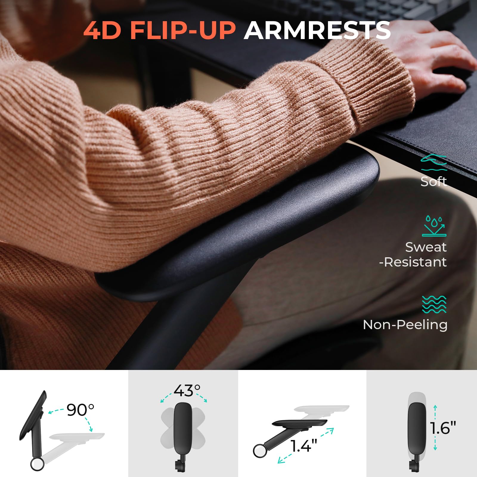 Ergonomic Mesh Office Chair with Adjustable Lumbar Support - High Back Desk Chair for Heavy Duty 400lbs - 4D Flip-Up Arms & 3-Level Tilt Backrest - 3D Headrest & PU Wheels - Swivel Rolling Computer Chair for Long Hours Desk Work - Perfect for Home Office, Gaming Setup & Professional Workspaces