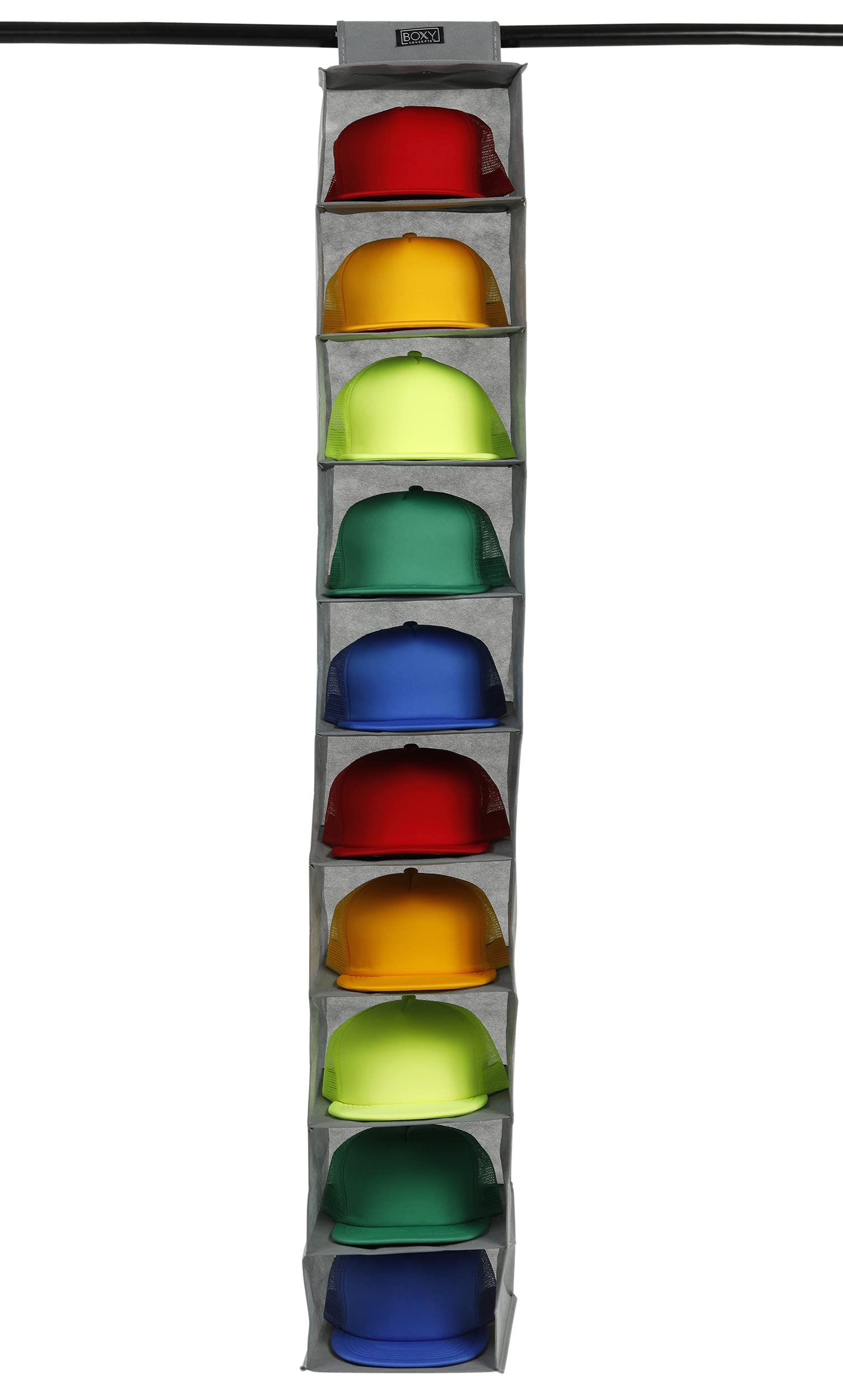 Boxy Concepts 10-Shelf Hanging Hat Rack Organizer - Space Saving Closet Storage for Baseball Caps, Hats & Accessories - Durable Hat Hanger to Protect Your Collection - Perfect for Bedroom, Closet or Entryway Organization