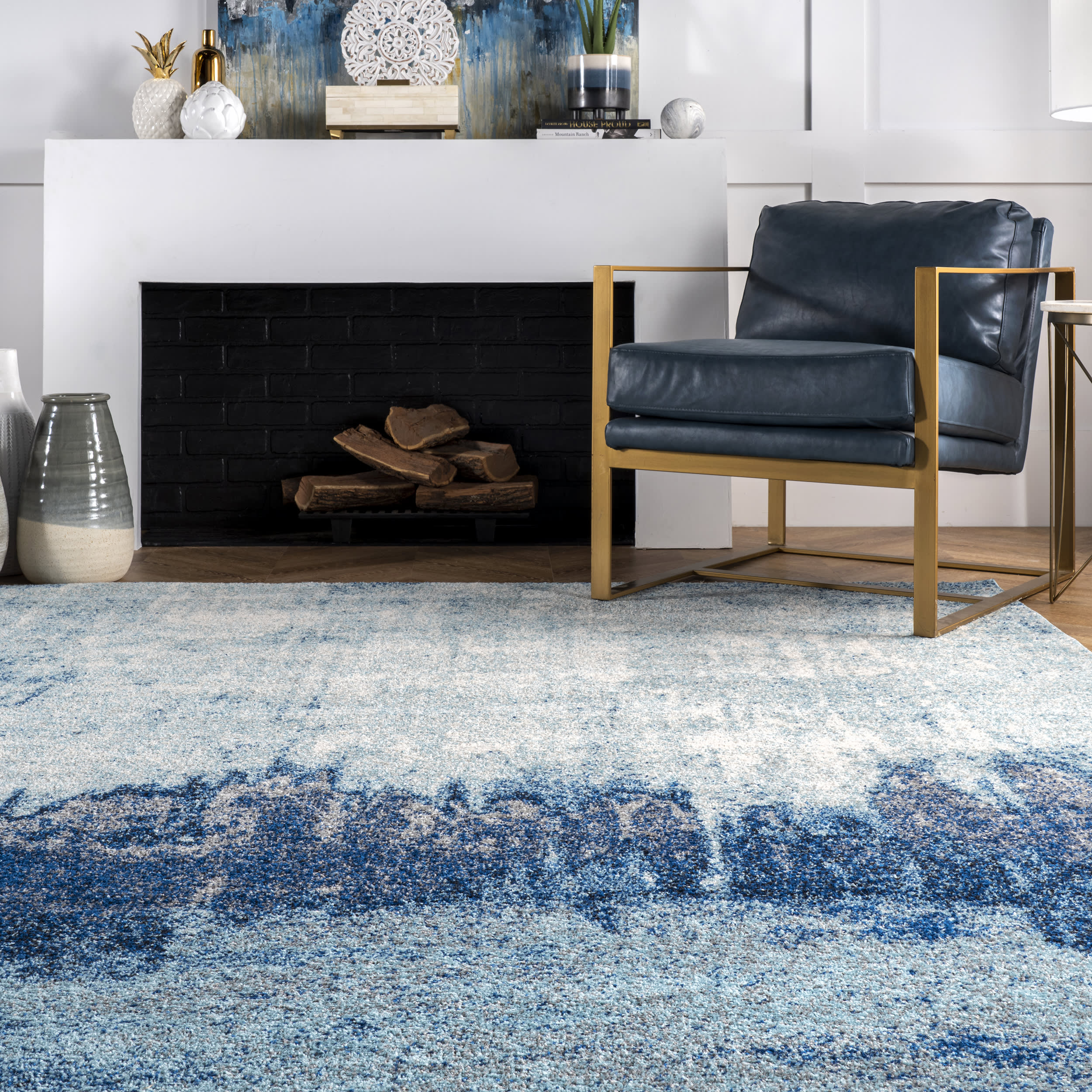 Abstract Rainfall Area Rug in Blue - Soft and Stylish Living Room Carpet for Home Decor, Bedroom, or Office