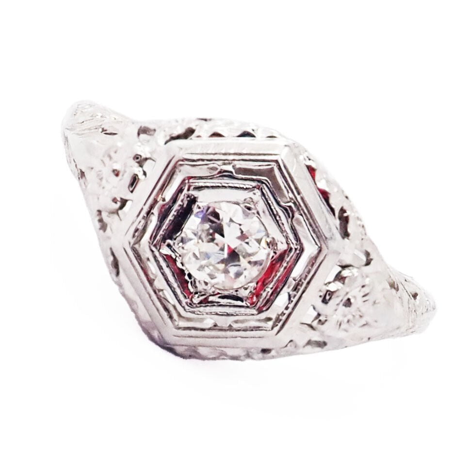Vintage Platinum Diamond Art Deco Filigree Ring - Antique Estate Jewelry for Women, Engagement, Wedding & Special Occasions