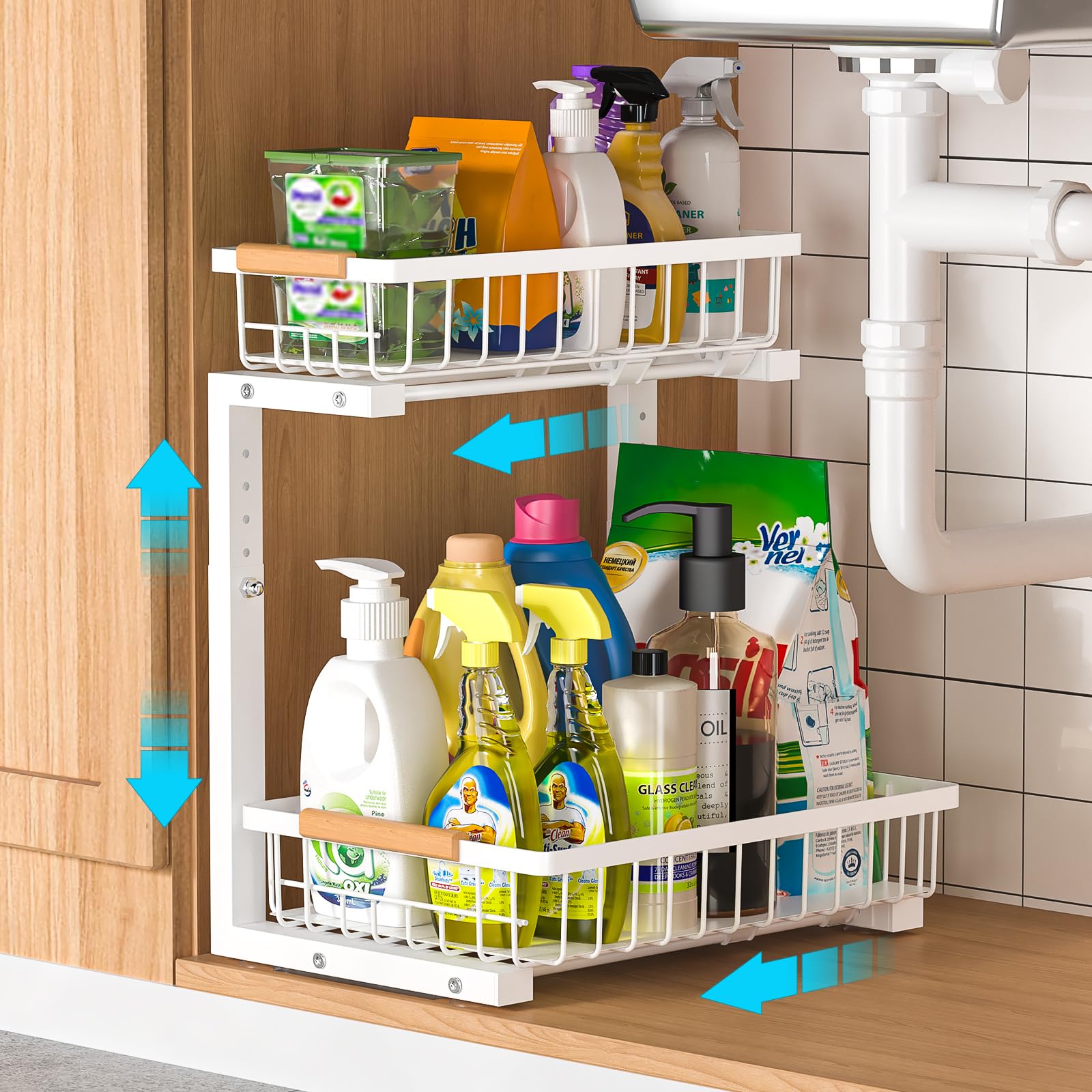 2-Tier Slide-Out Under Sink Organizer - Adjustable Height Pull-Out Cabinet Storage Drawer for Kitchen & Bathroom - Large Capacity Metal Rack Shelf Basket (White) - Perfect for Maximizing Under-Sink Space in Small Kitchens and Bathrooms