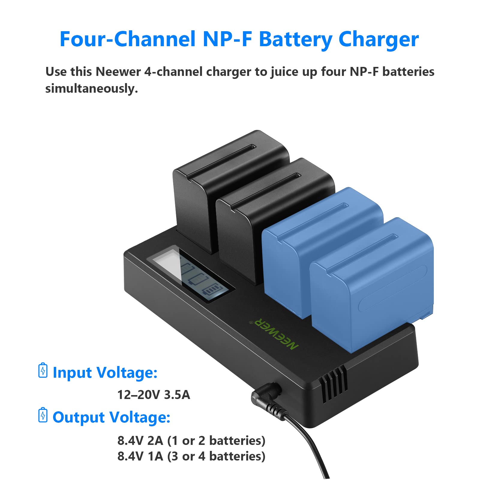 Neewer 4-Pack 7.4V 6600mAh NP-F970 Replacement Batteries with 4-Channel Charger & Adapter - Compatible with Sony NP-F550/750/770/970, FM500H, QM71D, QM91D - Power Your Field Monitor, Video Light, and Camera Equipment for Professional Photography & Videography