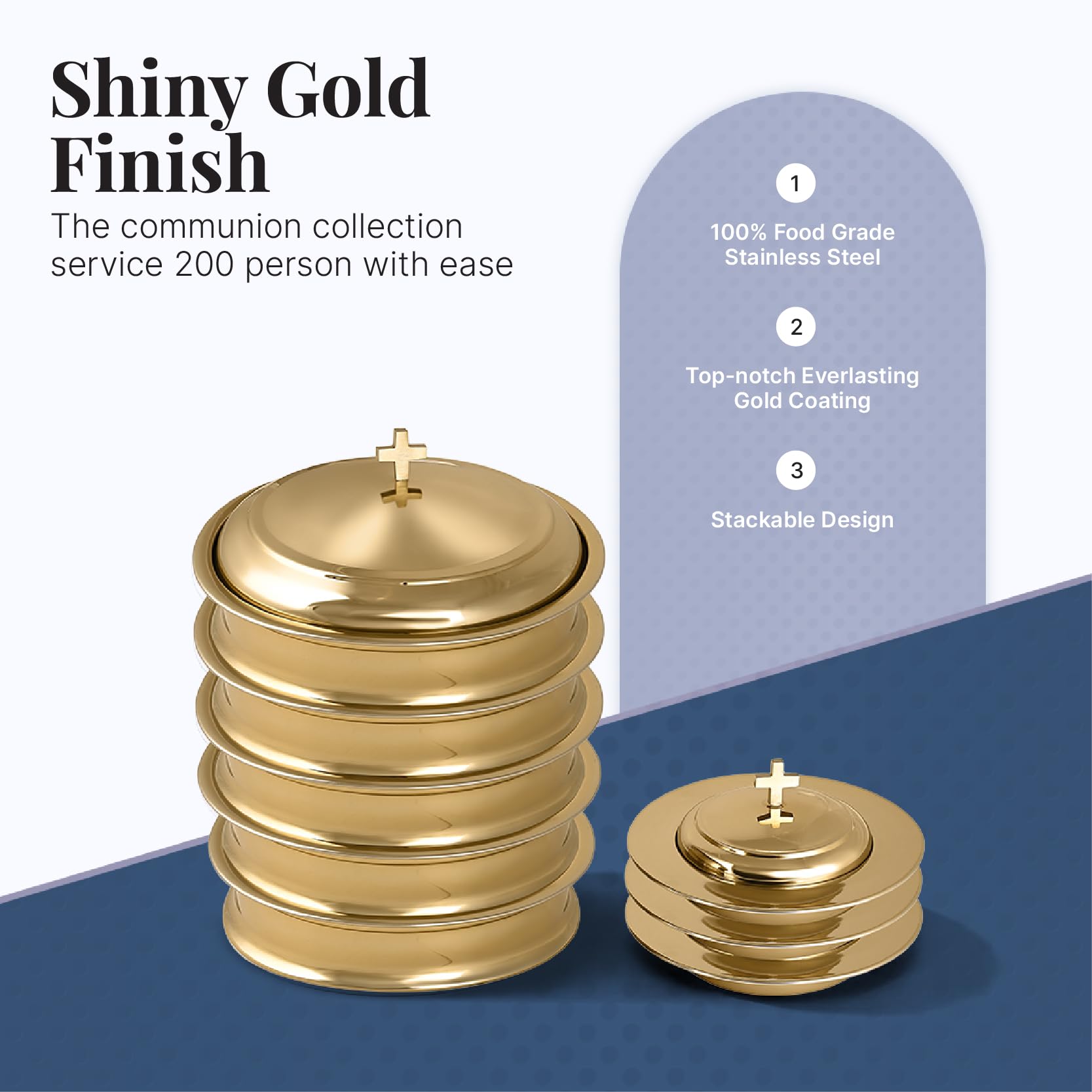 Stainless Steel Communion Serving Set - 5 Holy Wine Trays with Lid & 3 Stacking Bread Plates - Brass Gold Finish for Church Eucharist Ceremony & Religious Events
