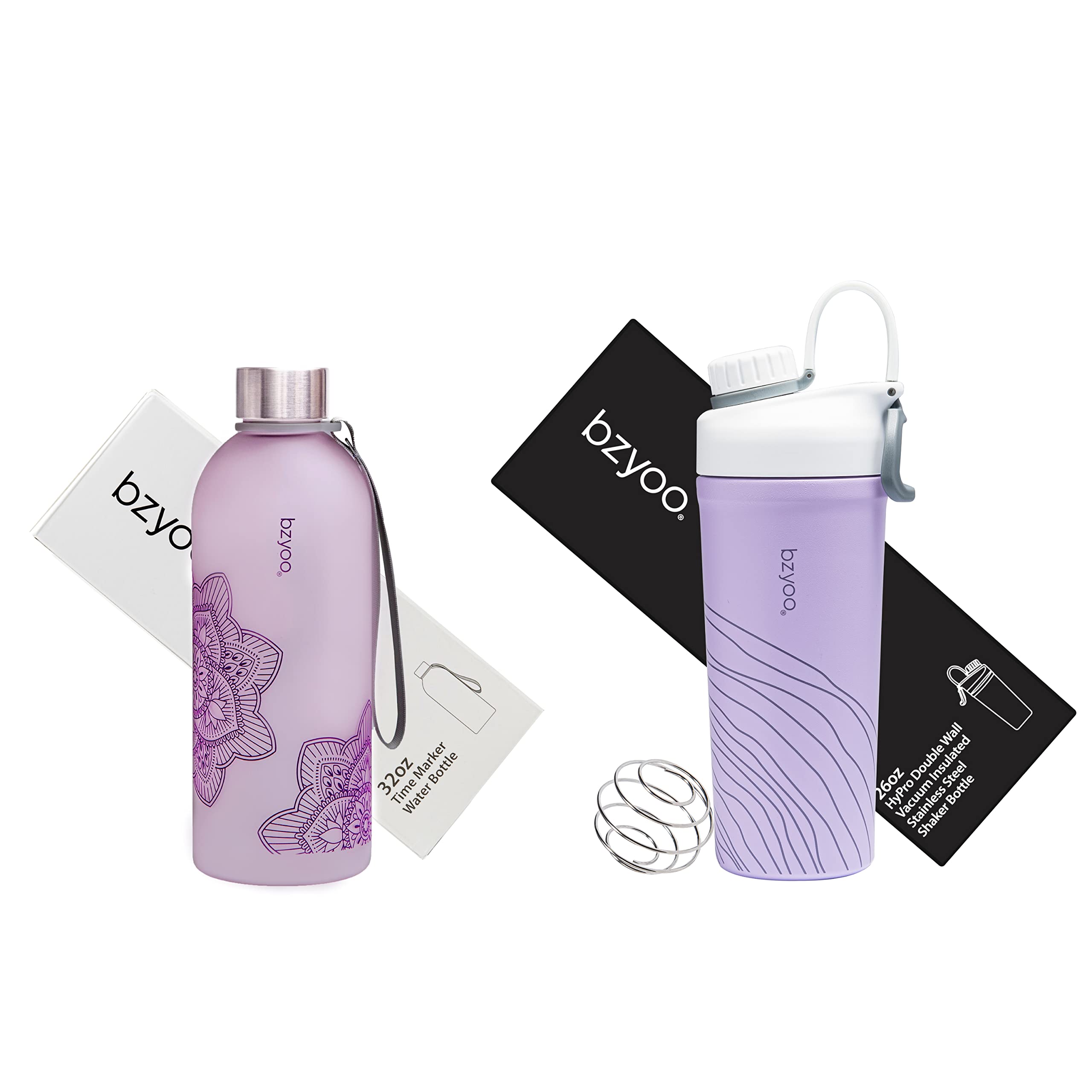 Bzyoo 32oz & 26oz Water Bottle Set - BPA-Free Plastic Time Marker Bottle with Strap + Insulated Stainless Steel Shaker Cup - Perfect for Gym, Workout, Office & Outdoor Activities