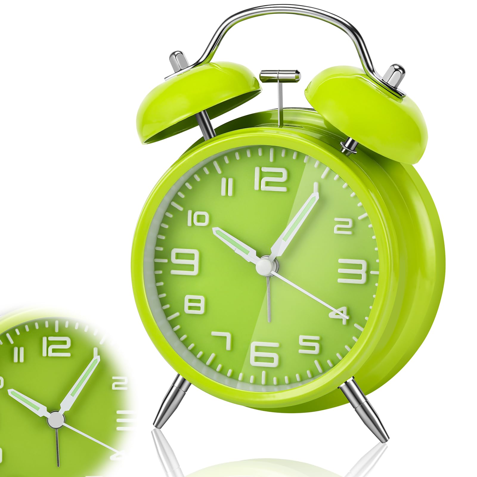 Gowkeey Silent Alarm Clock with Night Light & Luminous Hands - Non-Ticking Quartz Analog Bedside Clock, Double Bell Design (Green) | Perfect for Light Sleepers, Bedrooms, and Home Decor
