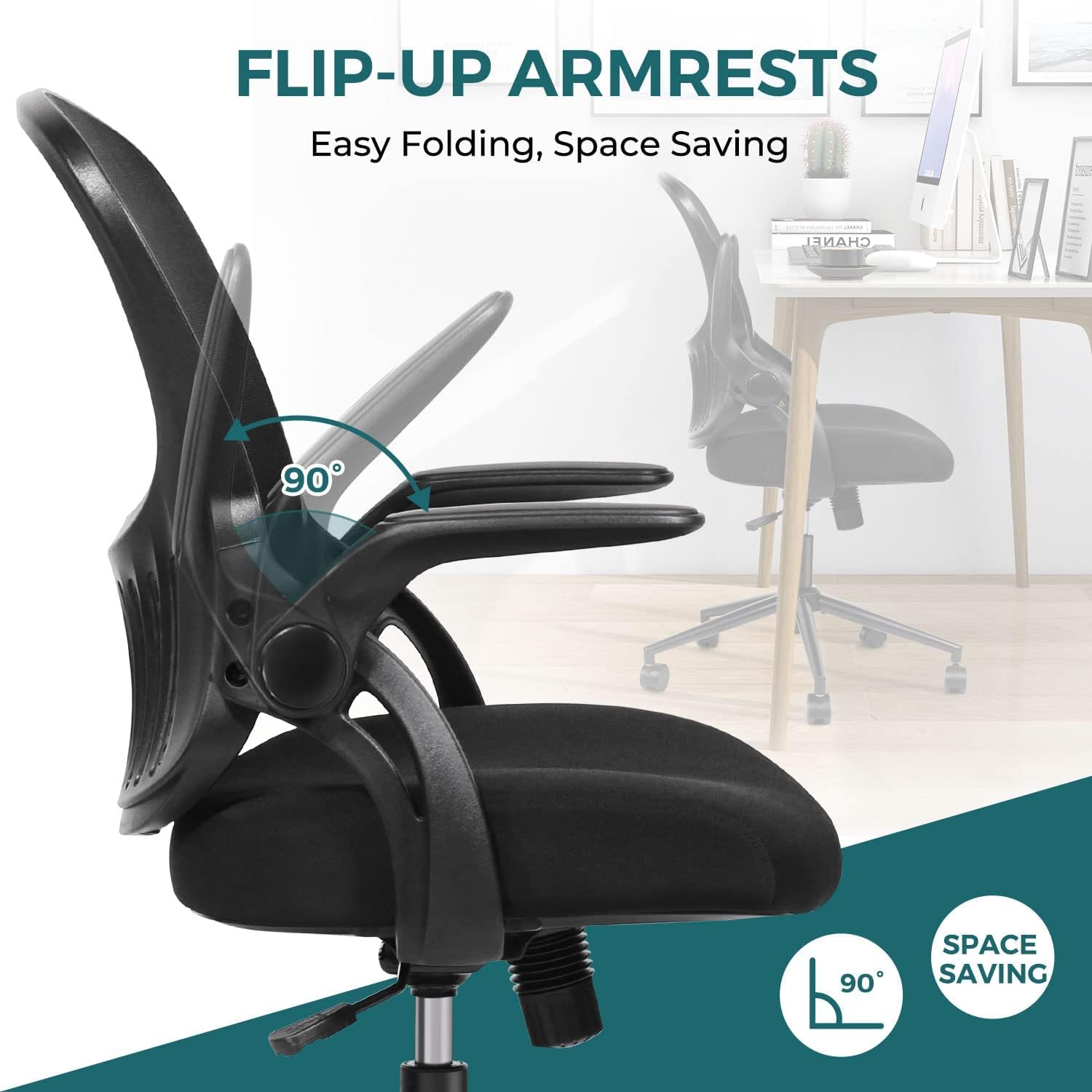 Ergonomic Mesh Office Chair with Lumbar Support - Adjustable Mid-Back Computer Gaming Desk Chair, Flip-Up Arms & Swivel Wheels - Comfortable Work Chair for Home Office, Bedroom, Study Room - Perfect for Long Hours of Work, Gaming & Online Classes (Black)