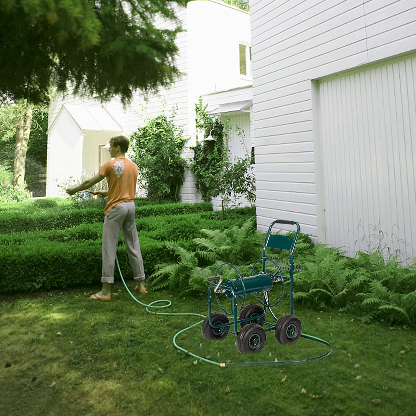Heavy Duty 4-Wheel Garden Hose Reel Cart with 229ft 5/8