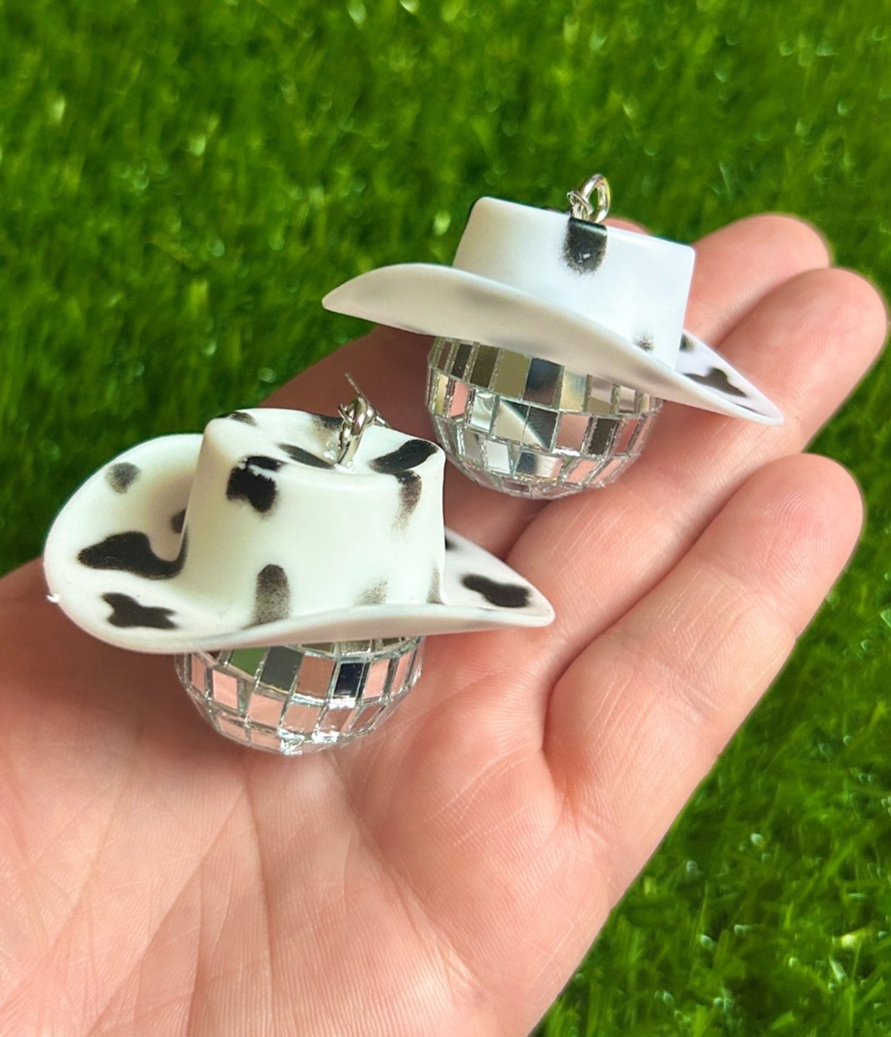 Cow Print Cowboy Hat Disco Ball Earrings - Western Style Fashion Accessories for Women | Perfect for Music Festivals, Cowgirl Parties & Night Out Clubbing