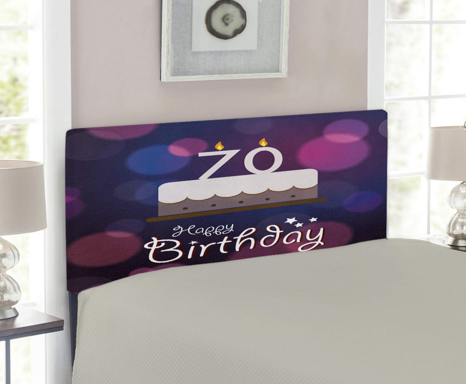 Ambesonne 70th Birthday Headboard - Cartoon Style Party Decor with Delicious Cake Design, Upholstered Metal Bed Headboard with Memory Foam, Twin Size in Purple & Lilac - Perfect for Birthday Celebrations & Bedroom Decor