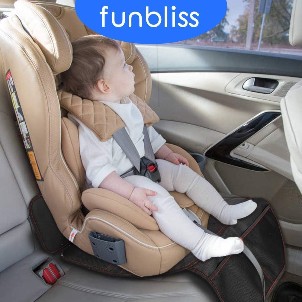 FunBliss Premium Car Seat Protector for Child Safety Seats - Thickest Padding Auto Seat Cover Mat to Protect Leather & Fabric Upholstery, PVC Leather Reinforced Corners - Perfect for Baby Car Seats, Strollers & Travel Accessories