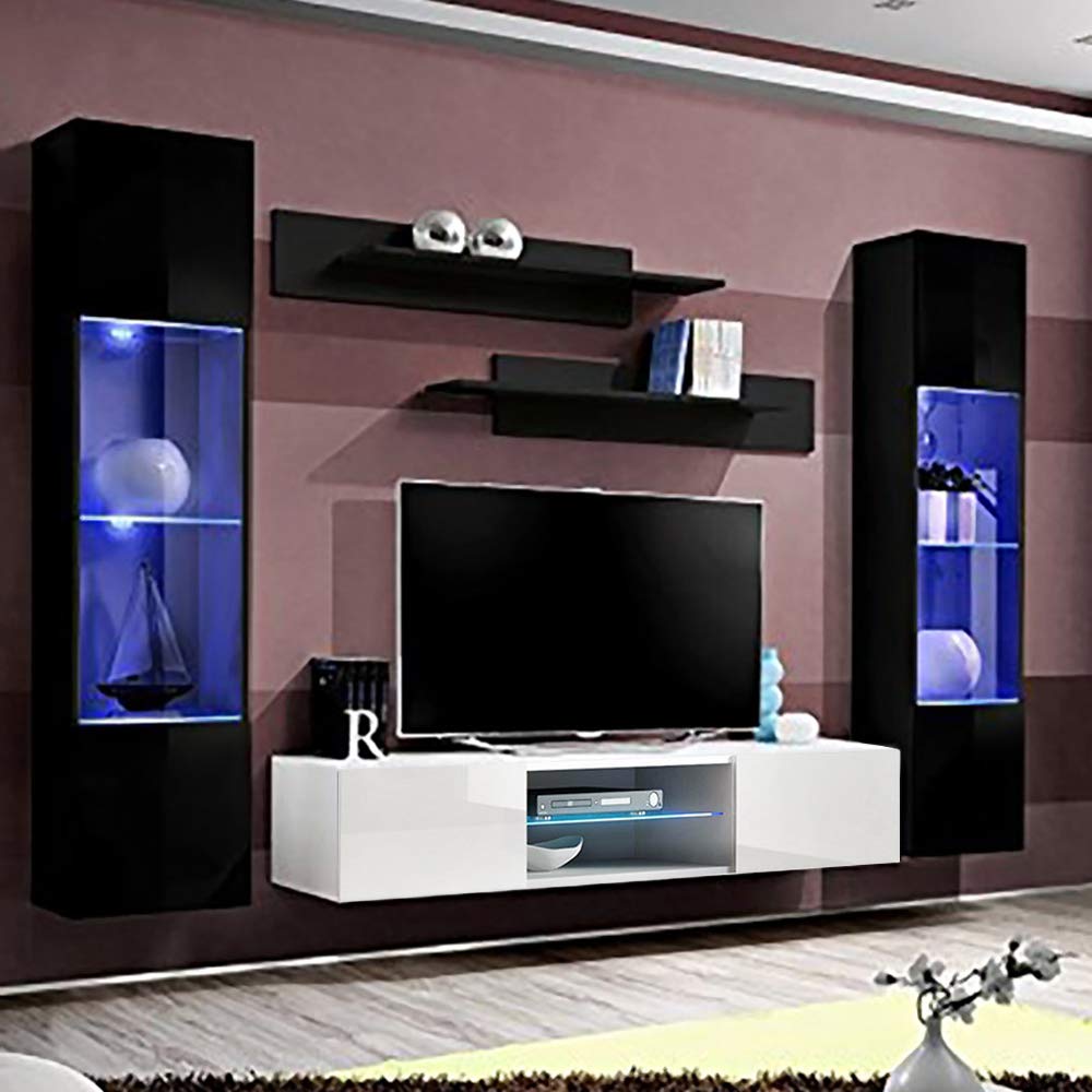 Modern Floating TV Stand with Storage & LED Lights - Wall-Mounted Entertainment Center for Living Room & Bedroom - AB3 33TV Console with Shelves in Black/White - Perfect for Small Spaces & Home Theater Setup