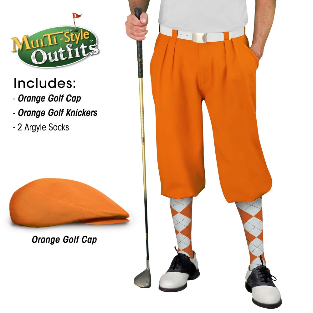 Men's Stylish Orange Golf Outfit Set - Matching Knickers & Cap with 2 Over-The-Calf Socks | Perfect for Golf Tournaments & Casual Weekend Play