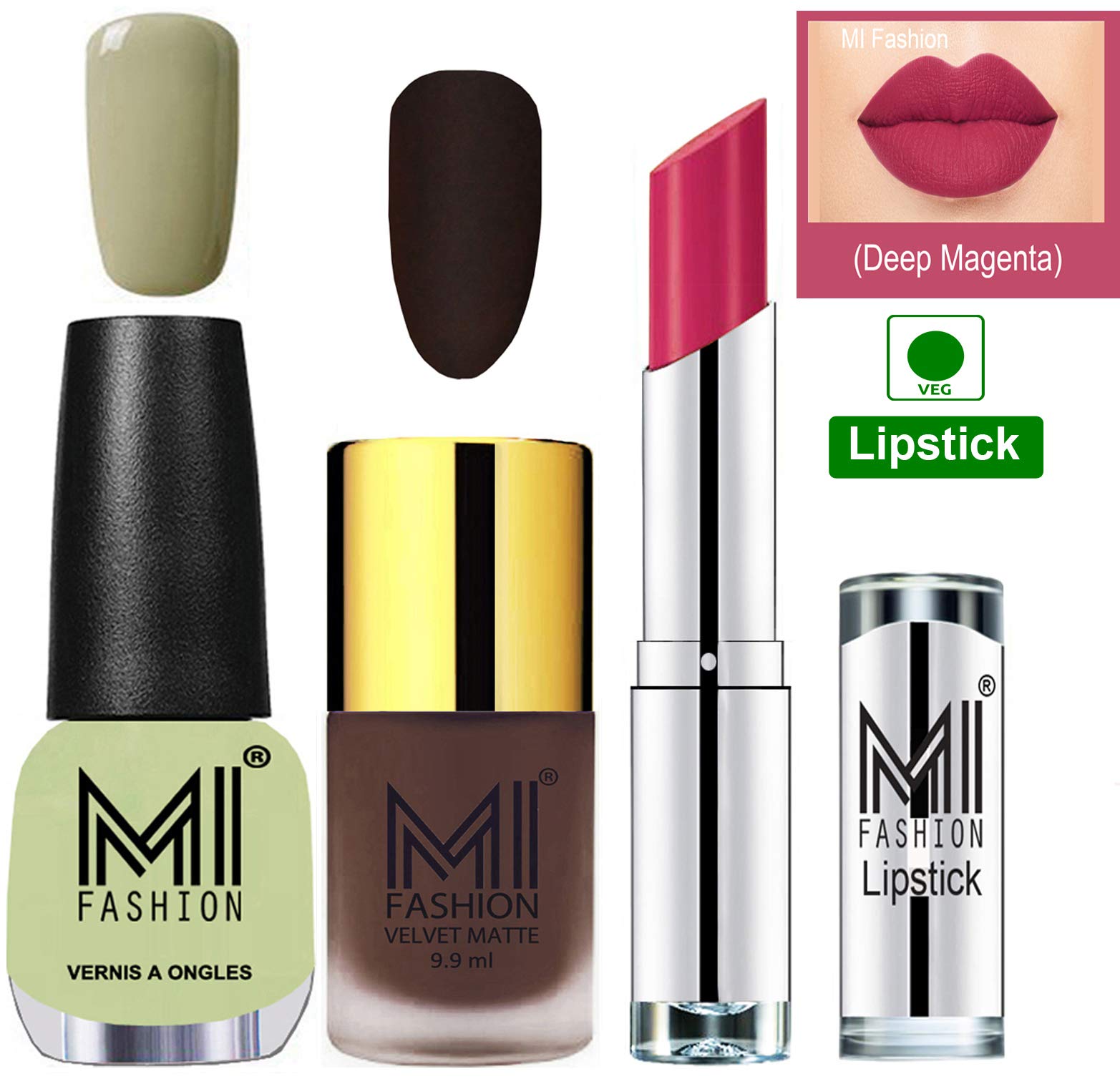 MI Fashion Nail Polish & Lipstick Set - Matte Coffee Nail Polish, Shiny Mint Nail Polish & Dark Magenta Lipstick (3-Piece Combo) | Perfect for Parties, Date Nights & Gift Giving