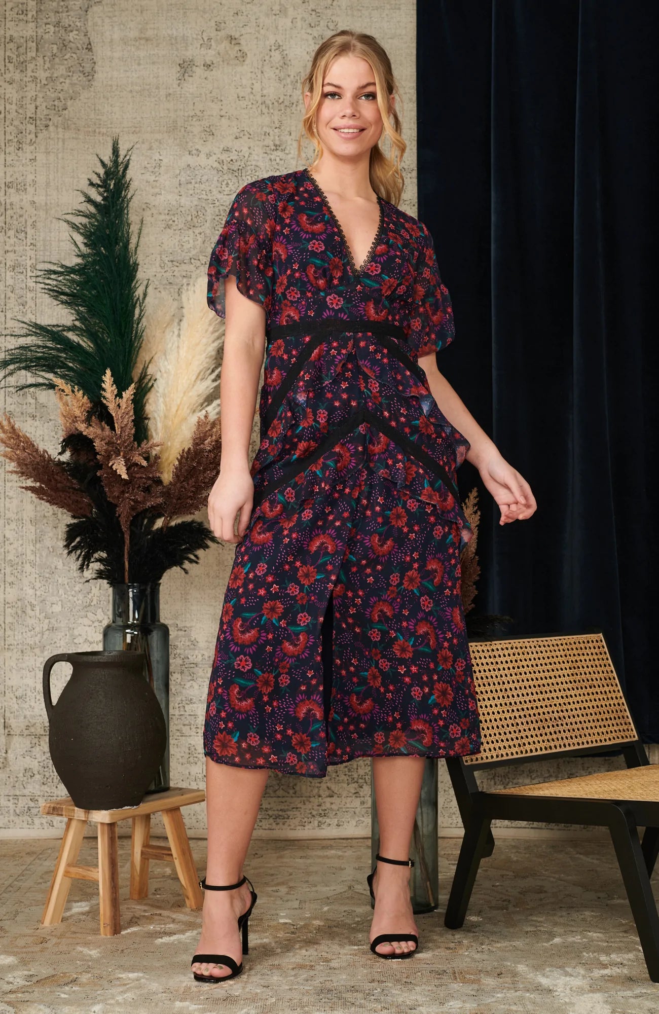 Enya Plunge Front Midi Tea Dress - Navy Blue Floral Summer Dress for Women, Perfect for Garden Party, Wedding Guest & Vacation