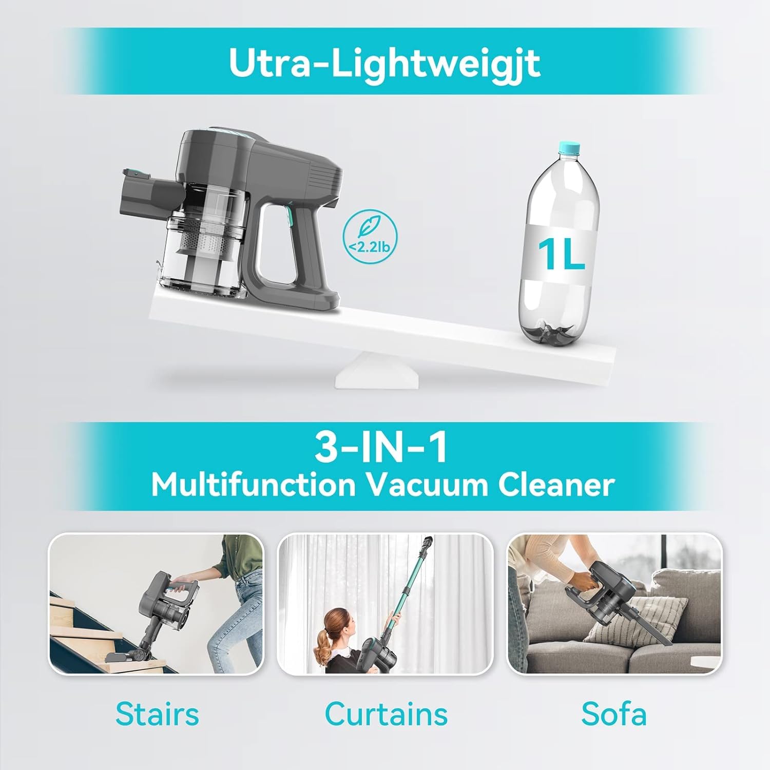 DEVOAC N300 Cordless Vacuum Cleaner - 6-in-1 Ultra Lightweight Stick Vacuum with 2200mAh Battery (40min Runtime), 40Kpa Powerful Suction for Hard Floors, Carpets & Pet Hair - Perfect for Home Cleaning (Green)