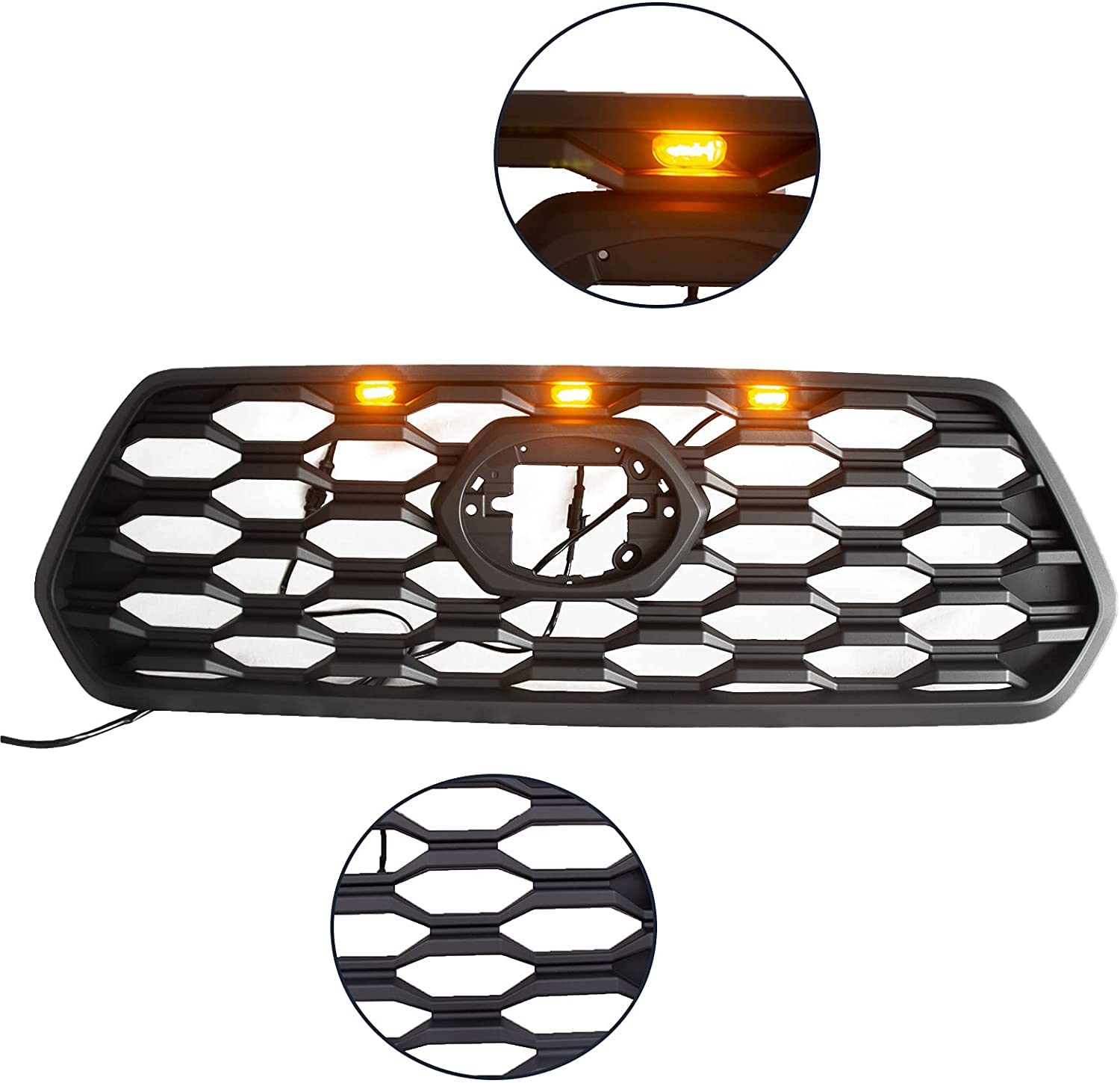 Honeycomb Style Front Replacement Grill for 2016-2023 Toyota Tacoma - Matte Black Grille with 3 LED Amber Lights (No Logo) | Off-Road Upgrade & Custom Truck Accessory
