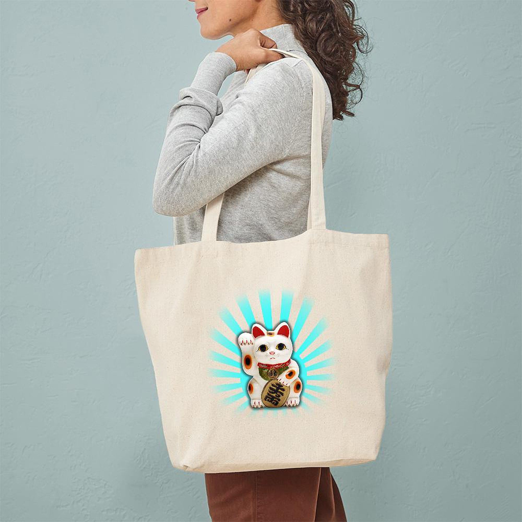 Lucky Cat (Maneki Neko) Tote Bag - Natural Canvas Reusable Shopping Bag for Groceries, Beach & Daily Use | Cute Japanese Good Luck Gift
