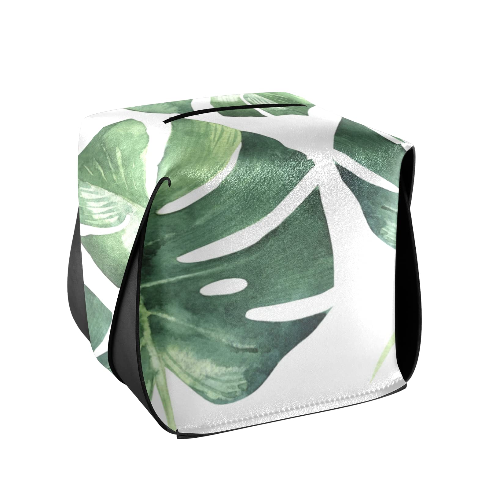 Premium Green Tropical Palm Leaf Pattern Leather Tissue Box Cover - 5.7x5.7x5.7 Inch Square Bathroom & Home Decor for Vanity, Nightstand, Office Desk, and Car Interior Accessories | Waterproof & Portable with Handle