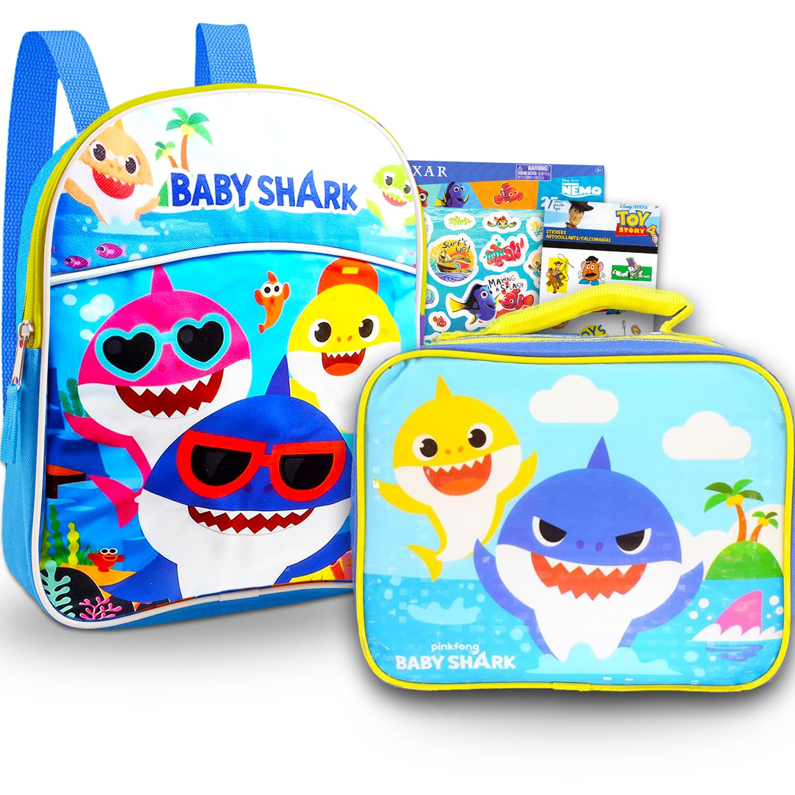 **Baby Shark Mini Backpack and Lunch Bag Set for Kids – 4-Piece Bundle with 11-Inch School Bag, Toy Story & Finding Dory Stickers | Perfect for School, Travel, and Daycare**