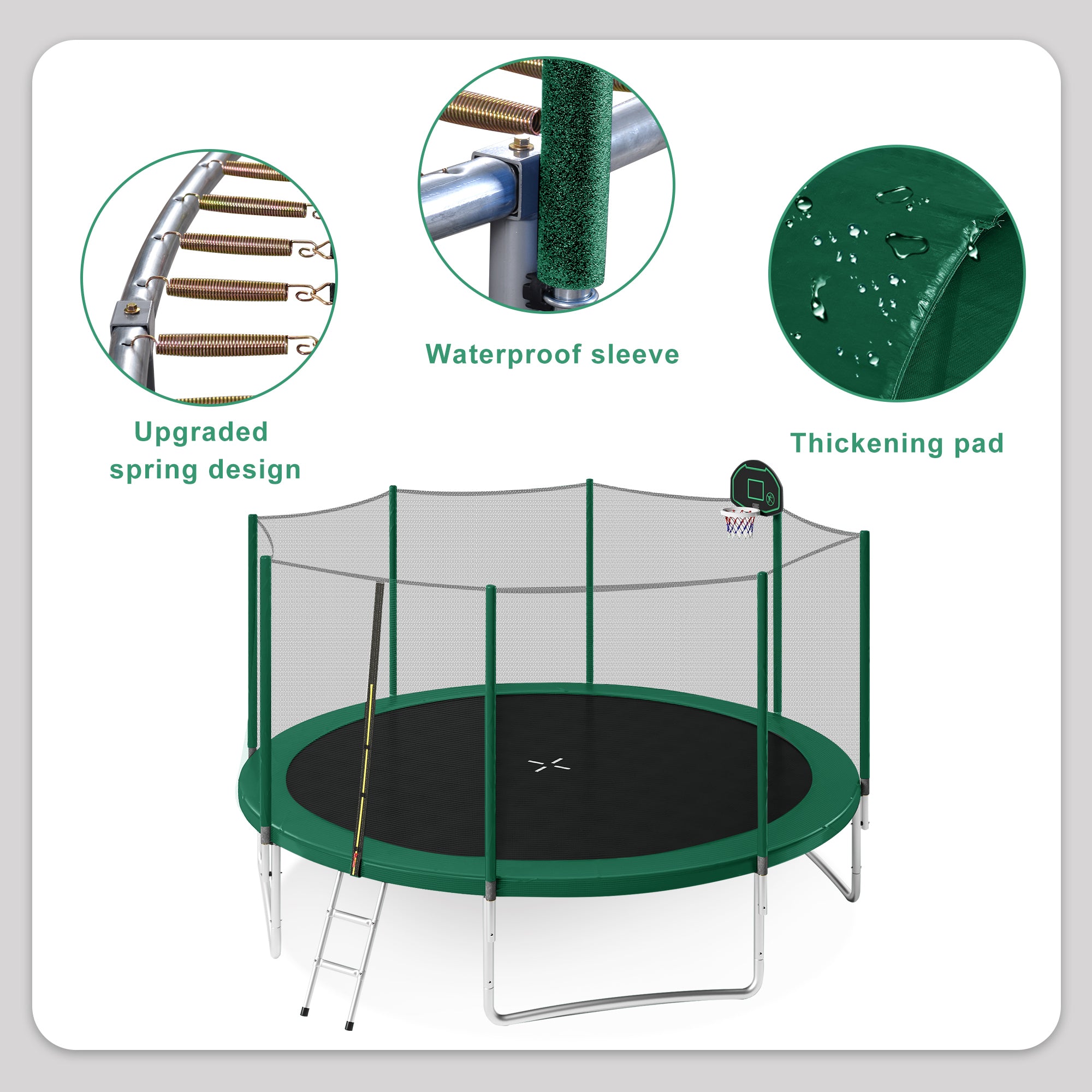 14FT Kids Trampoline with Safety Enclosure Net, Basketball Hoop & Ladder - Easy Assembly Outdoor Round Trampoline for Backyard, Garden & Playground Fun