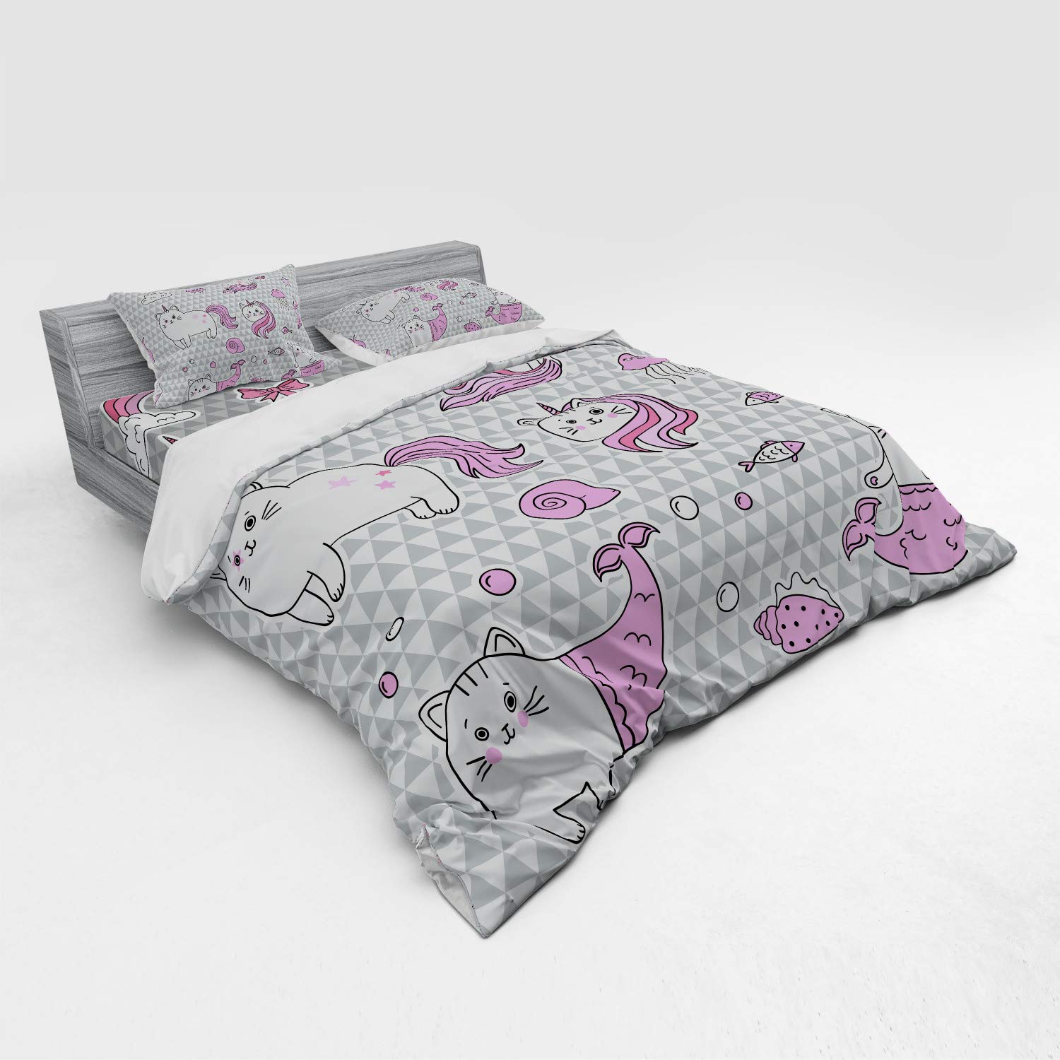 Ambesonne Unicorn Cat Duvet Cover Set - 4 Piece King Size Bedding with Shams & Fitted Sheet, Grey Pale Pink White - Fantasy Underwater Theme with Cats, Unicorns, Mermaids, Fish, Bubbles & Hearts - Perfect for Kids' Bedrooms, Themed Guest Rooms & Whimsical Home Decor