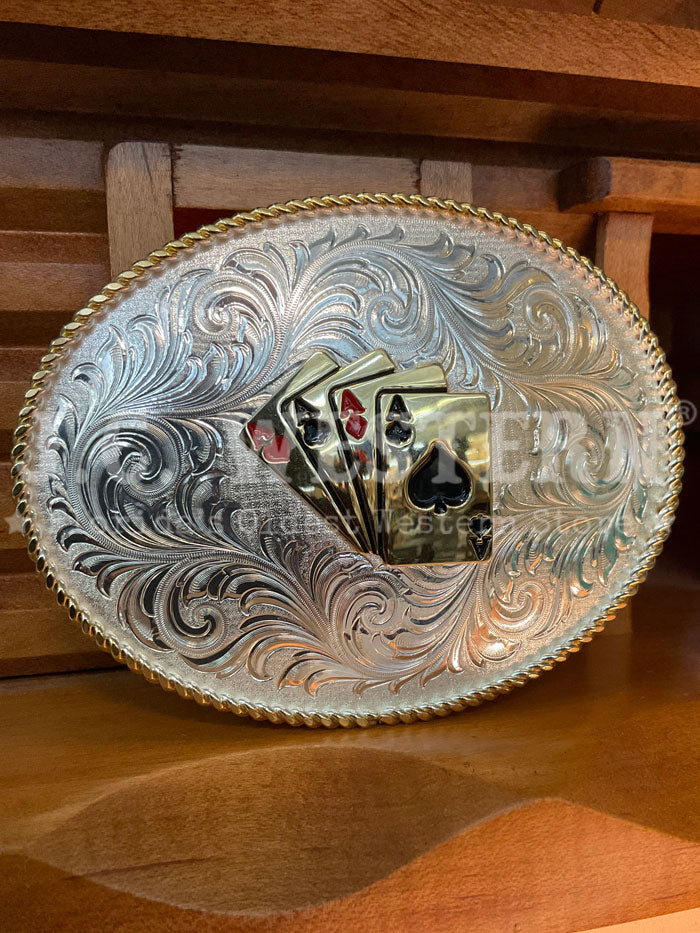 Montana Silversmiths 1255 911L Four Aces Classic Western Buckle - Genuine Silver Cowboy Belt Buckle for Men | Perfect for Rodeo, Country Music Festivals & Western Fashion