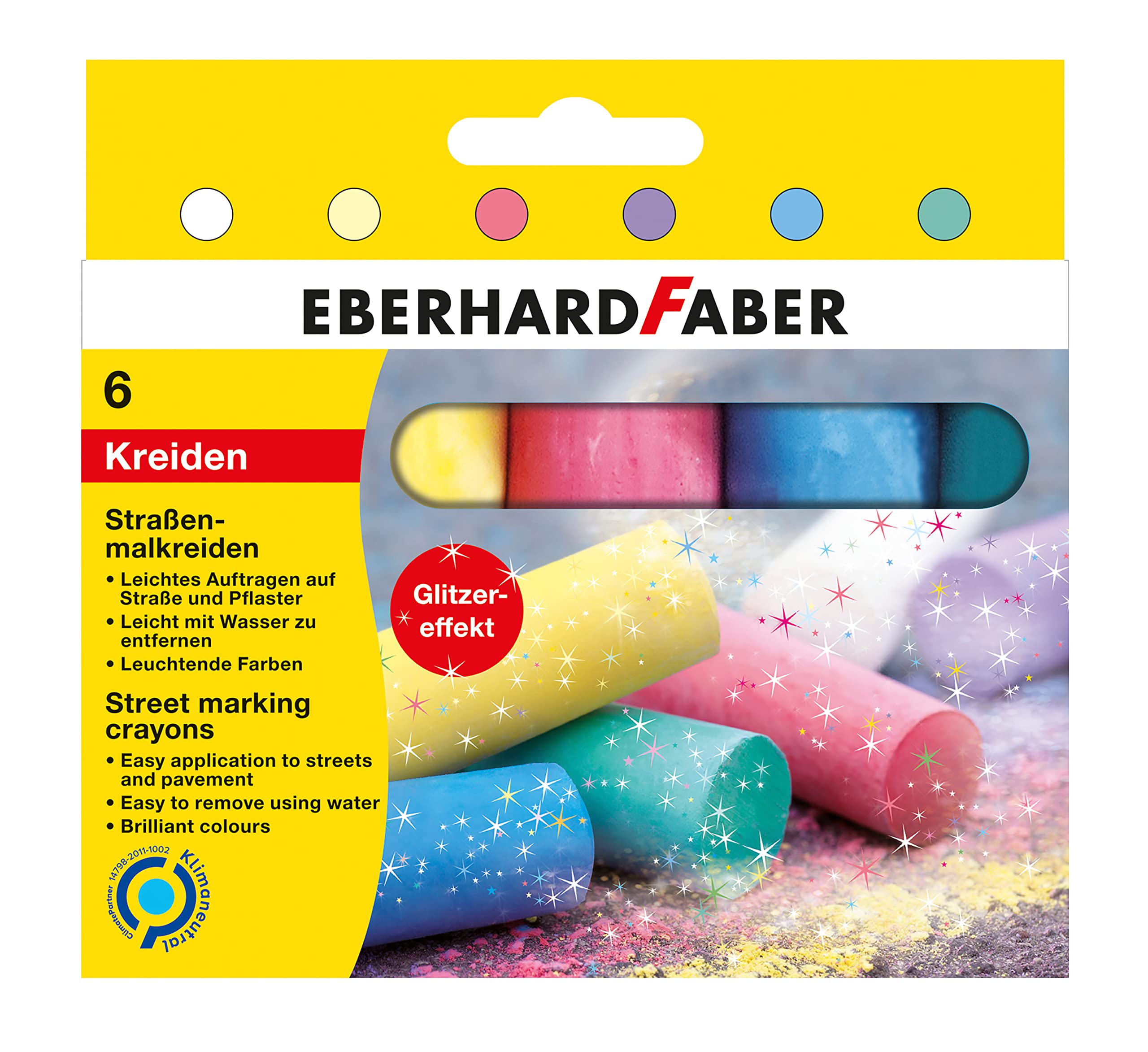 Eberhard Faber 526504 Glitter Street Chalk Set - 6 Vibrant Assorted Colors for Sidewalk Art, Kids Play & Outdoor Decor
