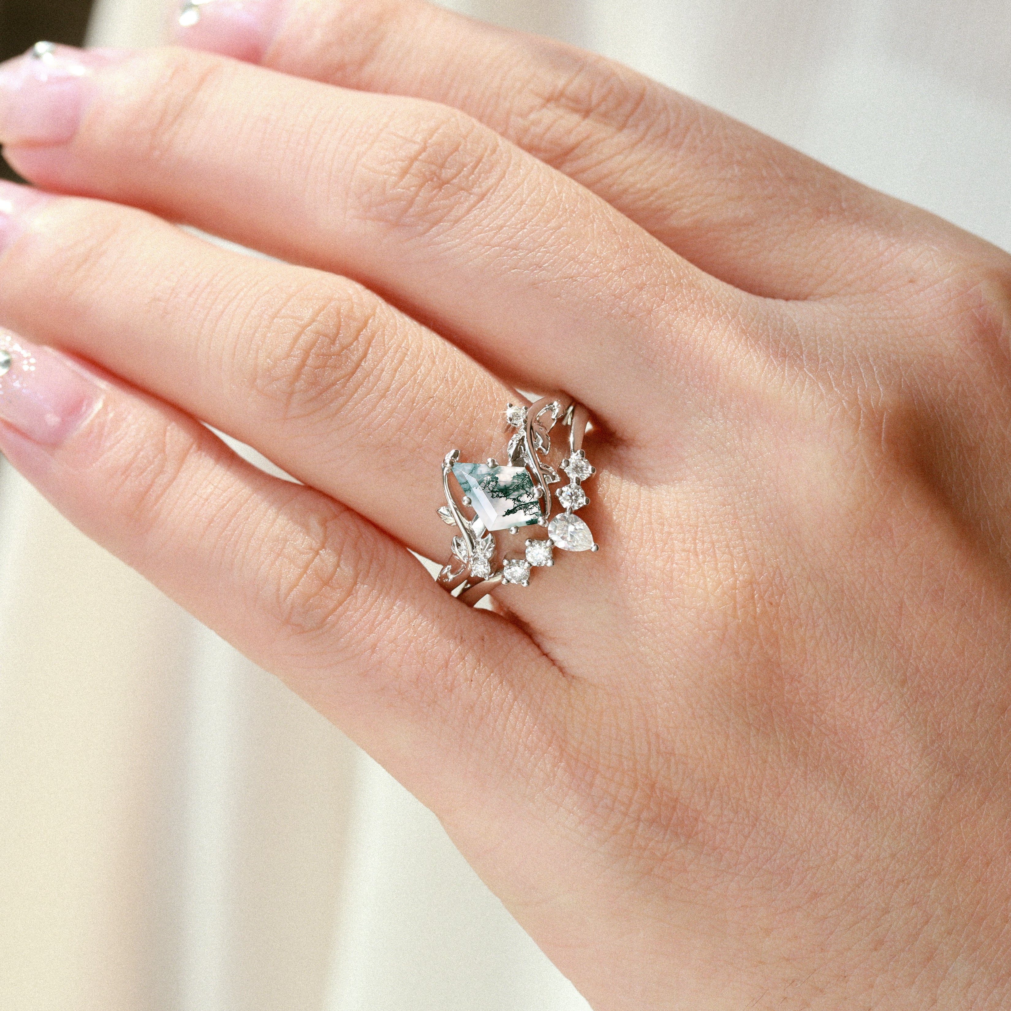Nature Inspired Unique Kite Cut Moss Agate Leafy Bridal Ring Sets 2pcs - Elegant Wedding Jewelry for Brides, Engagement & Anniversary Gifts - Perfect for Outdoor Ceremonies & Boho Weddings