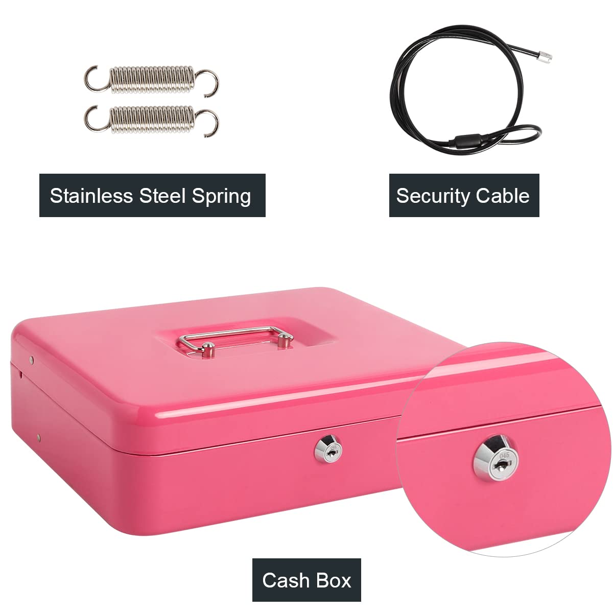 Secure Metal Cash Box with Key Lock & Security Cable - Durable Money Storage Safe with Removable Tray | Ideal for Home, Office, Retail Stores & Travel Use (Pink)