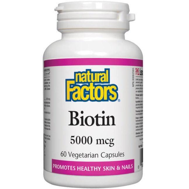 Natural Factors Biotin 5000mcg - 60 Veggie Caps for Hair, Skin & Nails Support - Vegan Supplement for Healthy Growth & Beauty Care