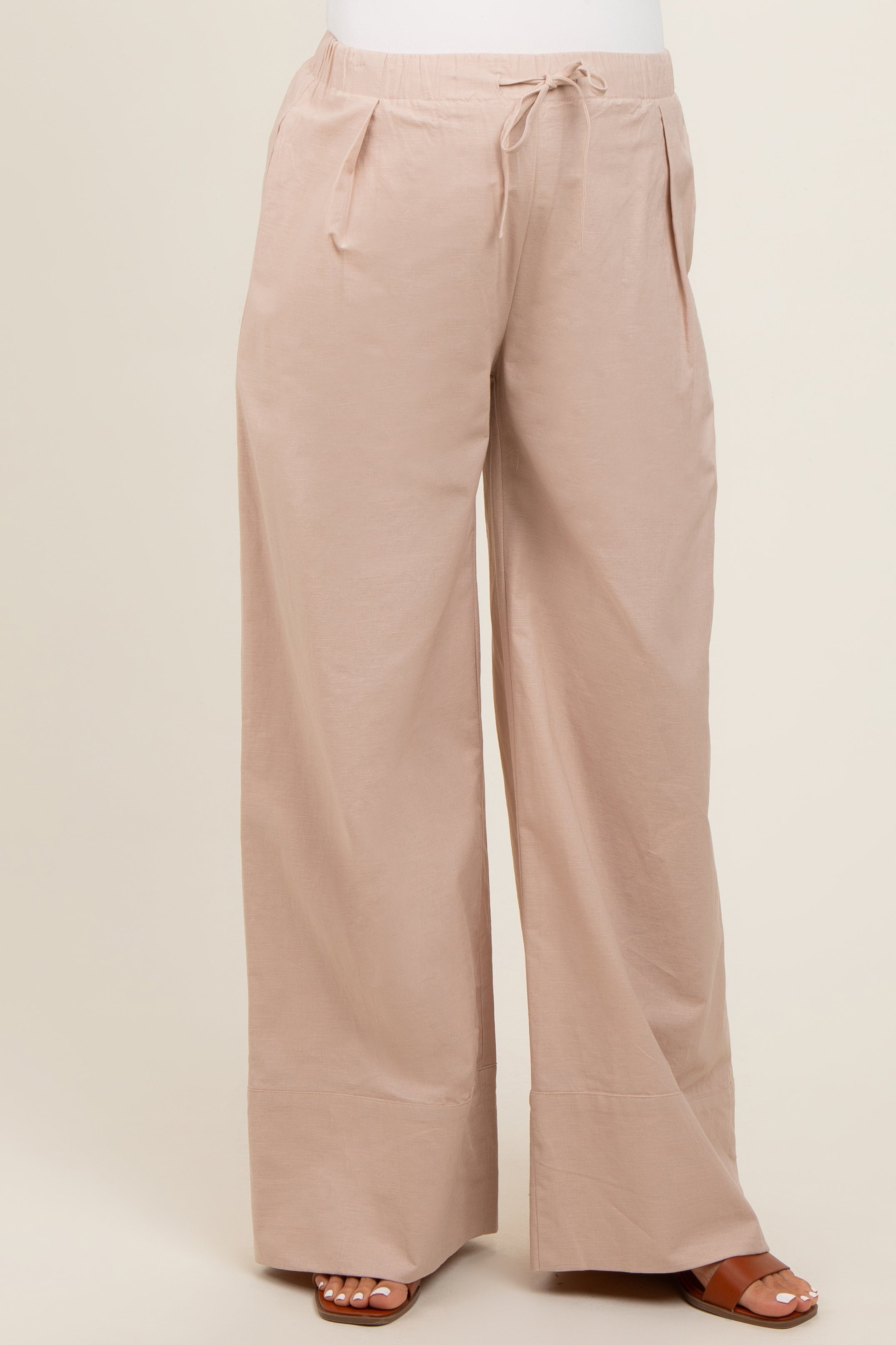 Beige Pleated Drawstring Waist Maternity Pants for Pregnancy - Comfortable Stretchy Work Pants & Casual Wear for Expecting Moms