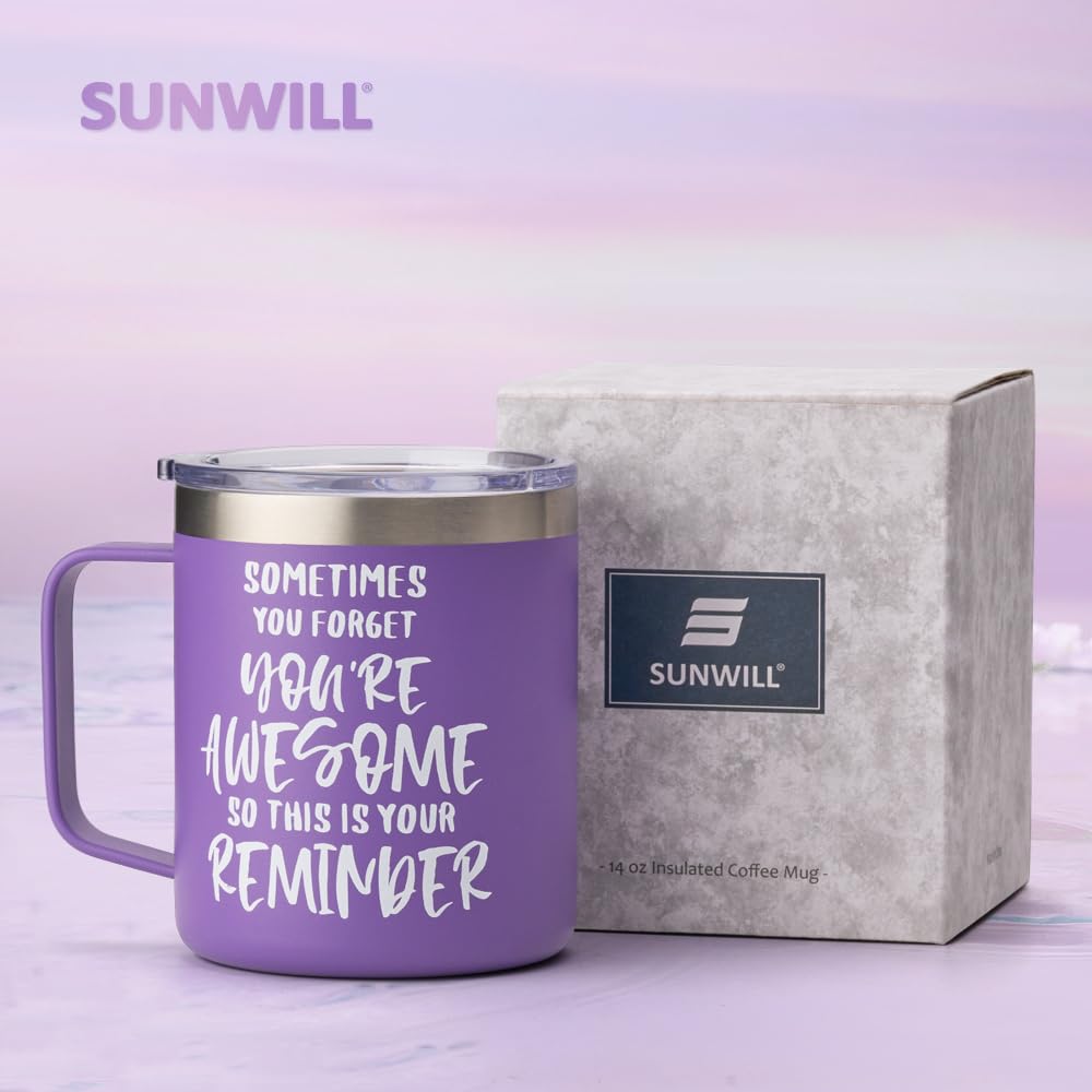 SUNWILL 14oz Insulated Stainless Steel Coffee Mug with Lid - Leakproof Travel Tumbler for Hot & Cold Drinks, Motivational Quote 