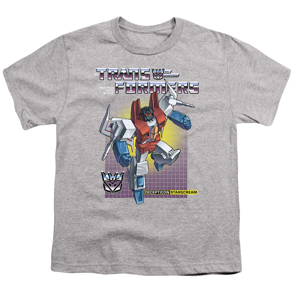 PopFunk Classic Transformers Starscream Graphic T-Shirt for Kids 7+ Years | Unisex Short Sleeve Tee with Stickers | Athletic Heather | Perfect for School, Play & Cosplay (Medium)