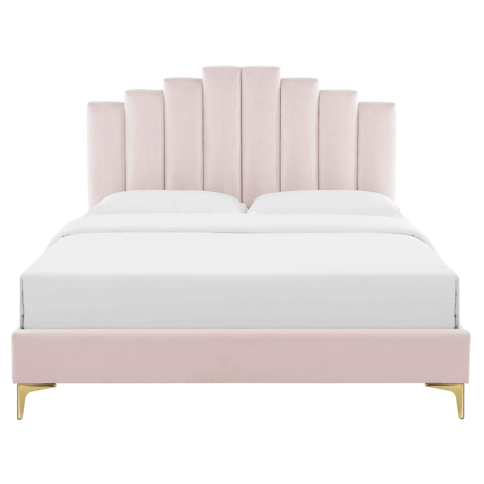 Modway Elise Channel Tufted Performance Velvet King Platform Bed - Pink Velvet Upholstery with Gold Metal Legs - Luxury Bedroom Furniture for Master Suite & Guest Room
