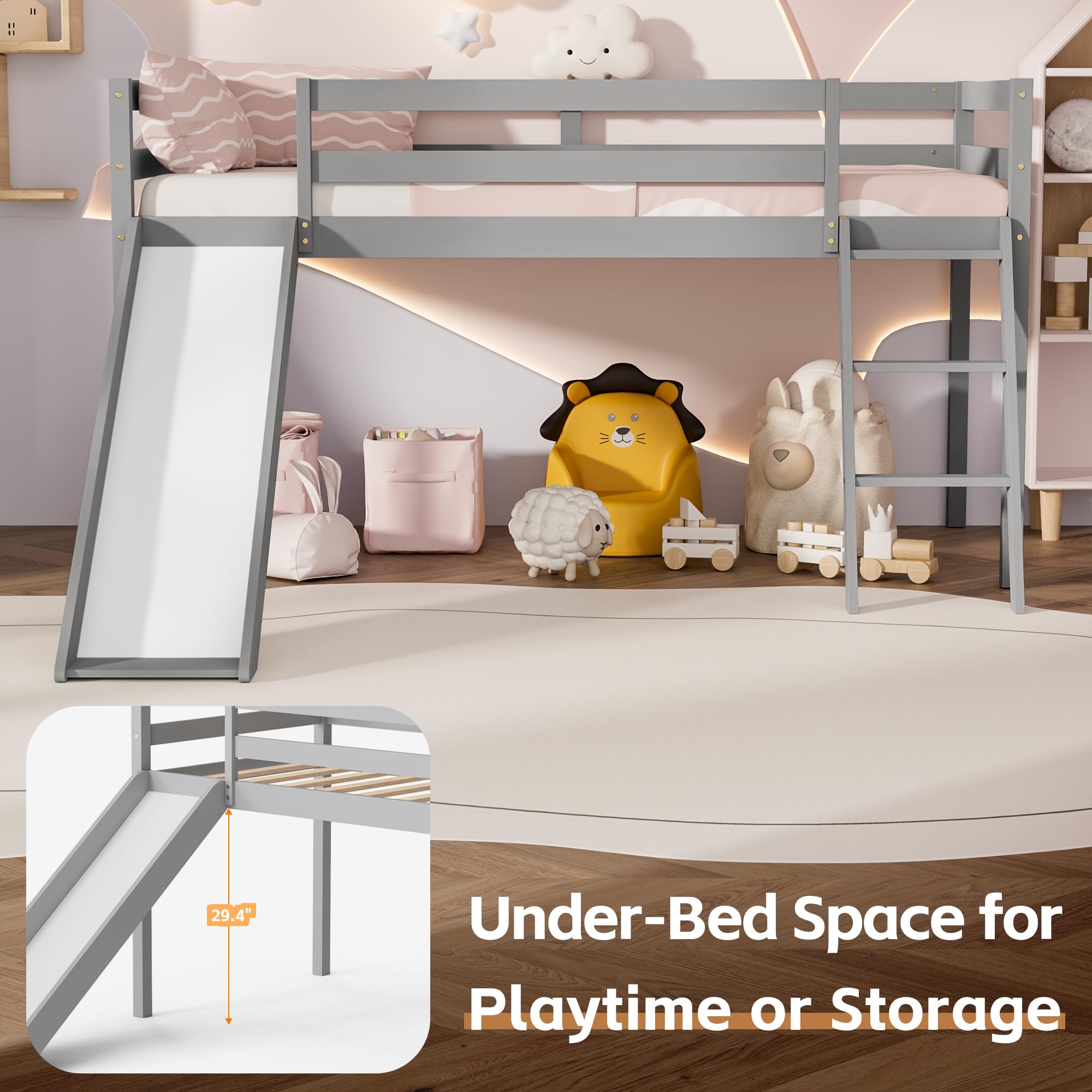 Low Loft Bed with Slide - Wood Twin Loft Bed Frame with Climbing Ladder & Storage Space for Kids & Toddlers (Grey) | Perfect for Small Bedrooms, Playrooms & Dorm Rooms | Space-Saving Kids Furniture with Fun Slide Feature