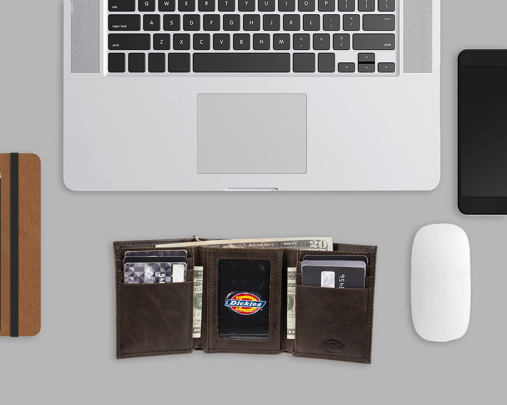 Dickies Men's Leather Trifold Wallet - Genuine Brown Leather RFID Blocking Bifold Wallet for Men - Perfect for Everyday Use, Travel & Business