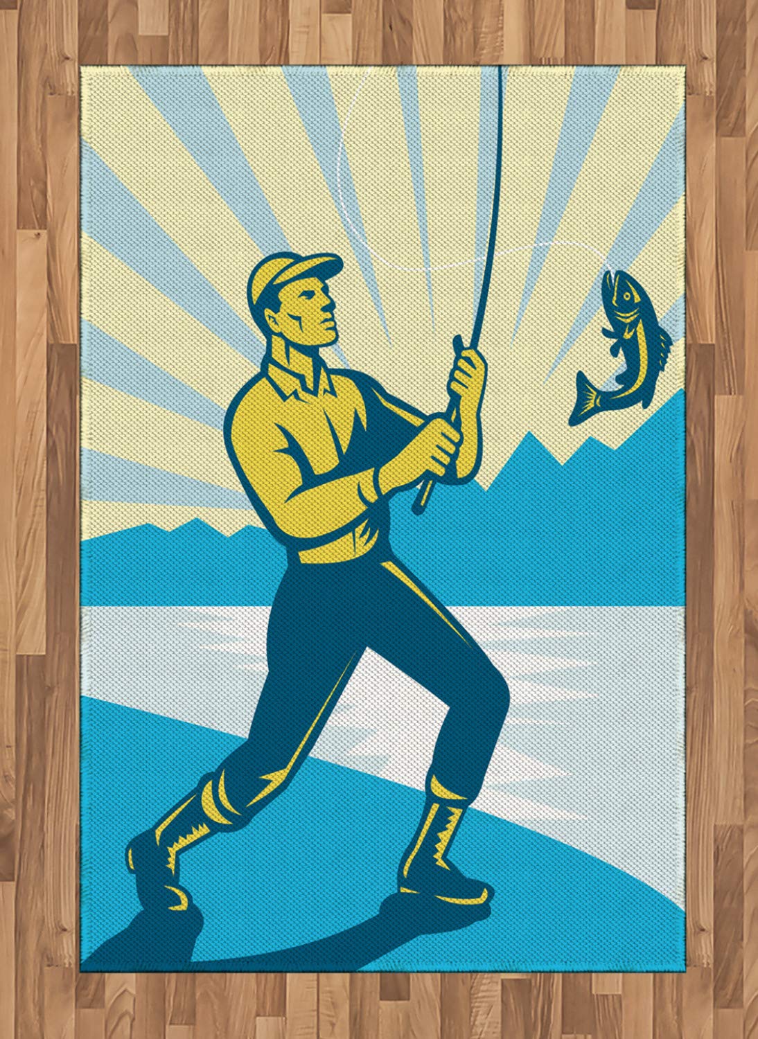 Retro Fly Fishing Area Rug - Vintage Man Reeling Bass Fish on Sun Rays Design, Flat Woven 4'x5'7