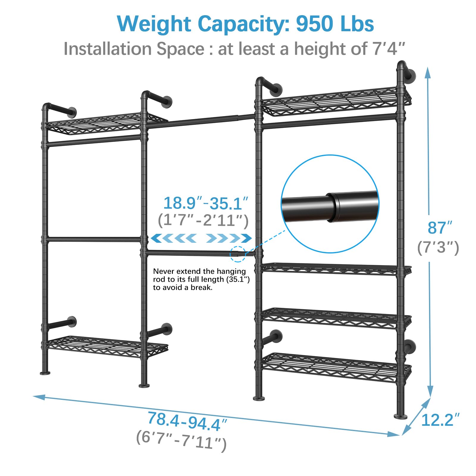 Heavy Duty Expandable Wall Mounted Garment Rack - Industrial Pipe Clothes Hanging System with Adjustable Storage for Walk-in Closet, Wardrobe & Laundry Room Organization (Black) | Perfect for Home, Retail Stores & Commercial Use
