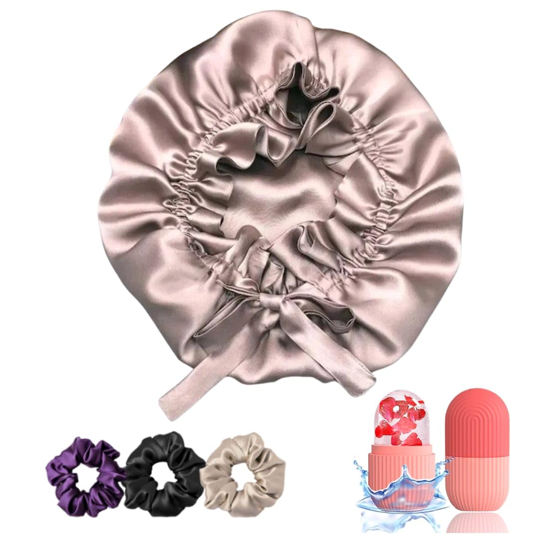Atrube Adjustable Satin Silk Bonnet for Hair with 3 Premium Scrunchies & Ice Roller - Silk Hair Cap for Sleeping, Curly Hair Protection with Ribbon Tie Band - Perfect for Nighttime Hair Care, Travel & Salon Styling