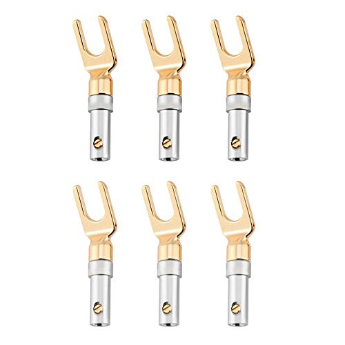 6-Pack Gold Plated 4mm Banana U Fork Y Spade Speaker Wire Connectors - Screw Type, Solder-Free for Home Theater & Audio Systems